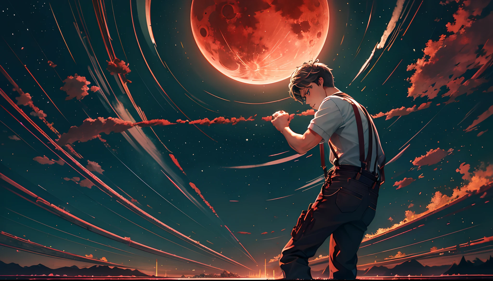 Blood Moon,Long red meteors streak across the sky,The green Northern Lights streak overhead from left to right,middle parted hairstyle,Suspenders,Boy student