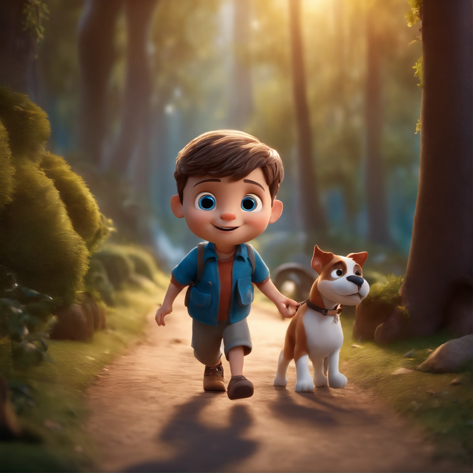 Front View.litle Boy. Disney cute style, pixar style, 3D cad, neon candy color. Best quality 16k, hyper detailed realistic, photorealistic photo-realistic landscape scene, detailed face Once upon a time, in a small town surrounded by enchanted woods, there was a  boy named David. David was a curious boy with bright eyes and a heart full of adventure. He had a special friend who never left him: his adorable pet dog named Little Ball