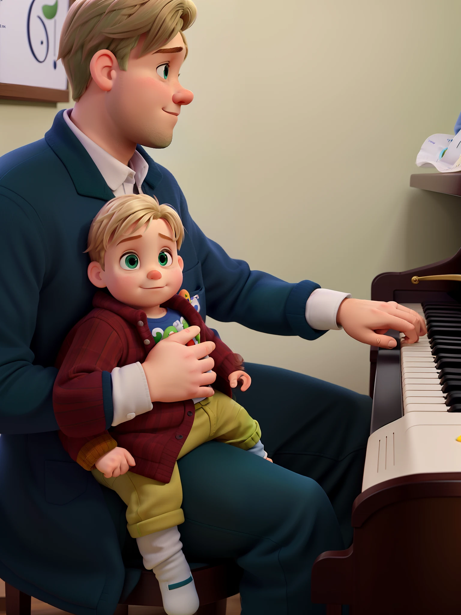Obra-prima da pixar, Dark Blonde Green Eyes Overweight Petite Man Holding Blue Eyes Light Blonde 6 Month Old Baby, homem tocando piano