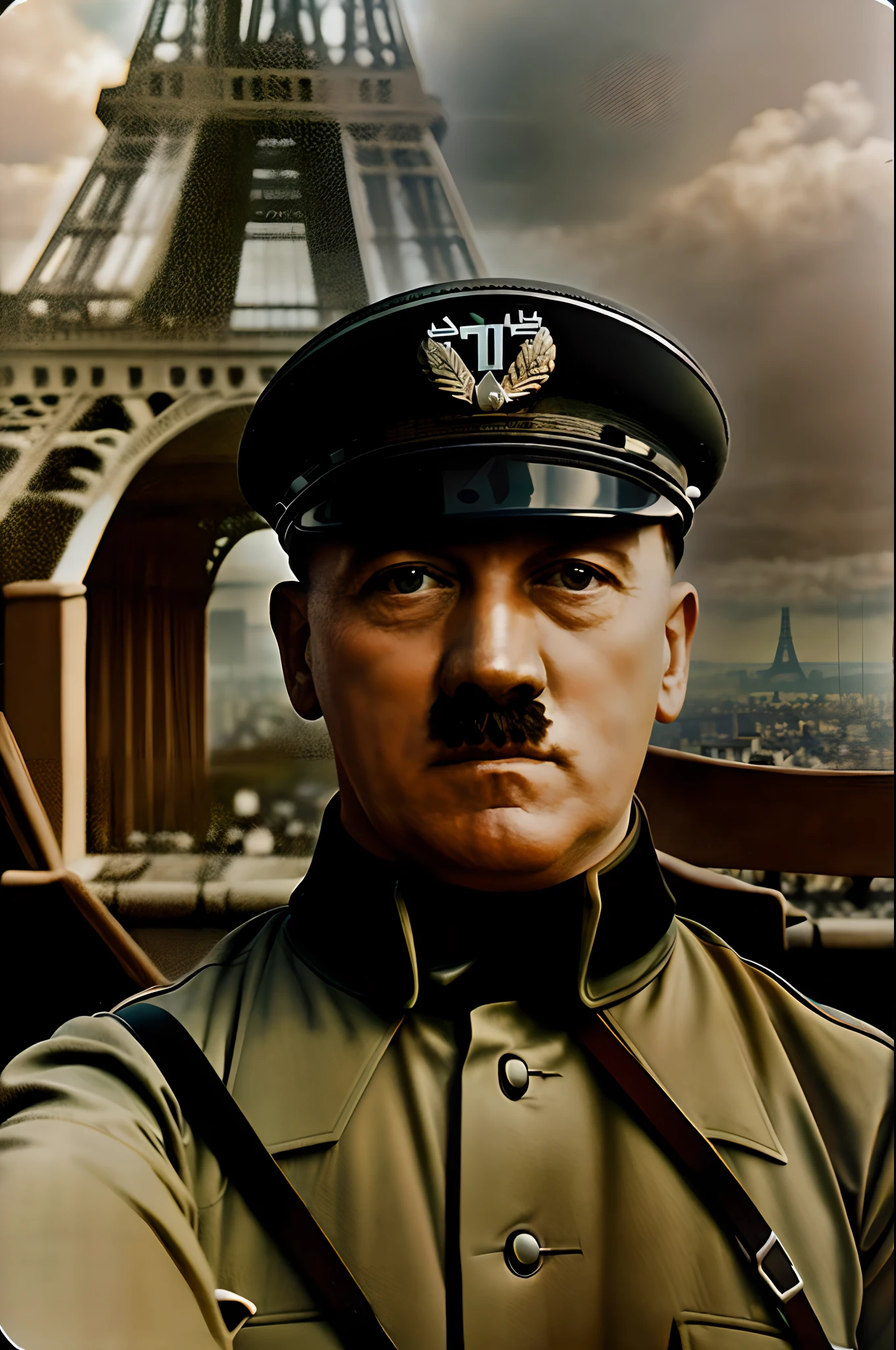 Adolf Hitler, torre Eiffel de fundo,4k realista detalhado, vintage,Photo, selfie fotografia