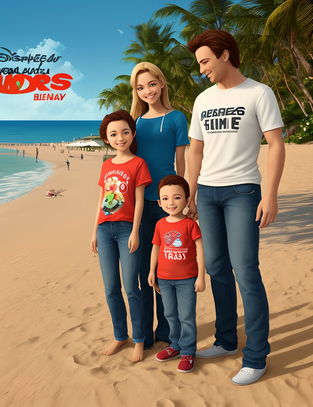 a Disney Pixar movie poster showing a white-skinned family. The father is the tallest, Tem barba curta, loiro, cabelos curtos e espinhosos. The mother has brown eyes and hair, shoulder-length and is slightly overweight. Os dois vestem camiseta branca e jeans claro. The background is a beach garden. 3D-rendering