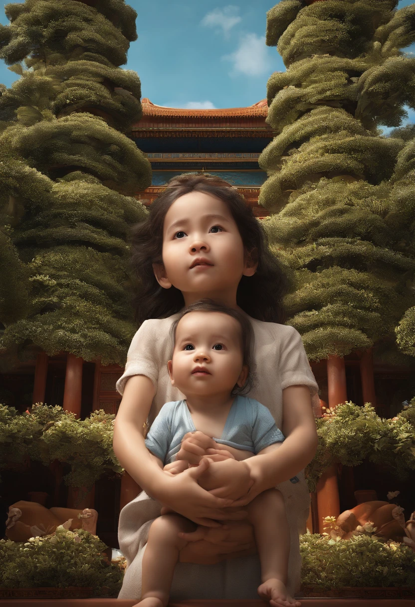 {{master part, best quality, CG extremamente detalhado, Unity 8k papel de parede, Cinematic lighting}}, pintura a tinta tradicional chinesa, 1girl, 1Baby, Young woman holding a baby, corpo inteiro, arquitetura antiga, blue skies, dia ensolarado, arquitetura de madeira, protagonista proeminente, sorrir, olhos grandes, belos olhos detalhados, (seios grandes, clivagem), Bunda redonda, looking up at the audience, long eyelashes,