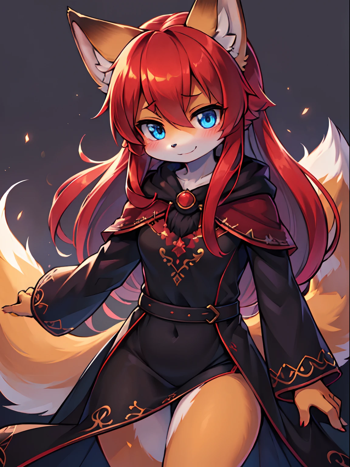 solo woman, kitsune woman, beautiful and cute eyes, (blue eyes), fox ears (red fox ears), long hair, (red hair), fox tails, twintails, (red fox tails),fluffy tails,  (dark red fur), shy face, light smile, (purple and black dress),  (purple torn short cloak embroidered in gold light:1.2) , absurdres, extreme detail, blushing, (shaded), (detailed lighting), (cinematic lighting), ( RAW photo, high resolution, high details, best quality), high definition, (high sharpness:1.3), sidelocks, hair between eyes,