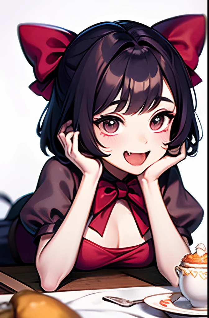 1girl, :3, :d, amazakura, arthropod_girl, black_eyes, black_hair, blush, bow, character_name, cheek_press, commentary, cup, doughnut, drink, extra_arms, extra_eyes, fangs, food, hair_bow, hand_on_own_face, heart, holding, holding_cup, holding_food, muffet, no_nose, open_mouth, puffy_short_sleeves, puffy_sleeves, red_bow, short_hair, short_sleeves, silk, simple_background, smile, solo, spider_girl, spider_web, teacup, two_side_up, undertale, unitard, white_background