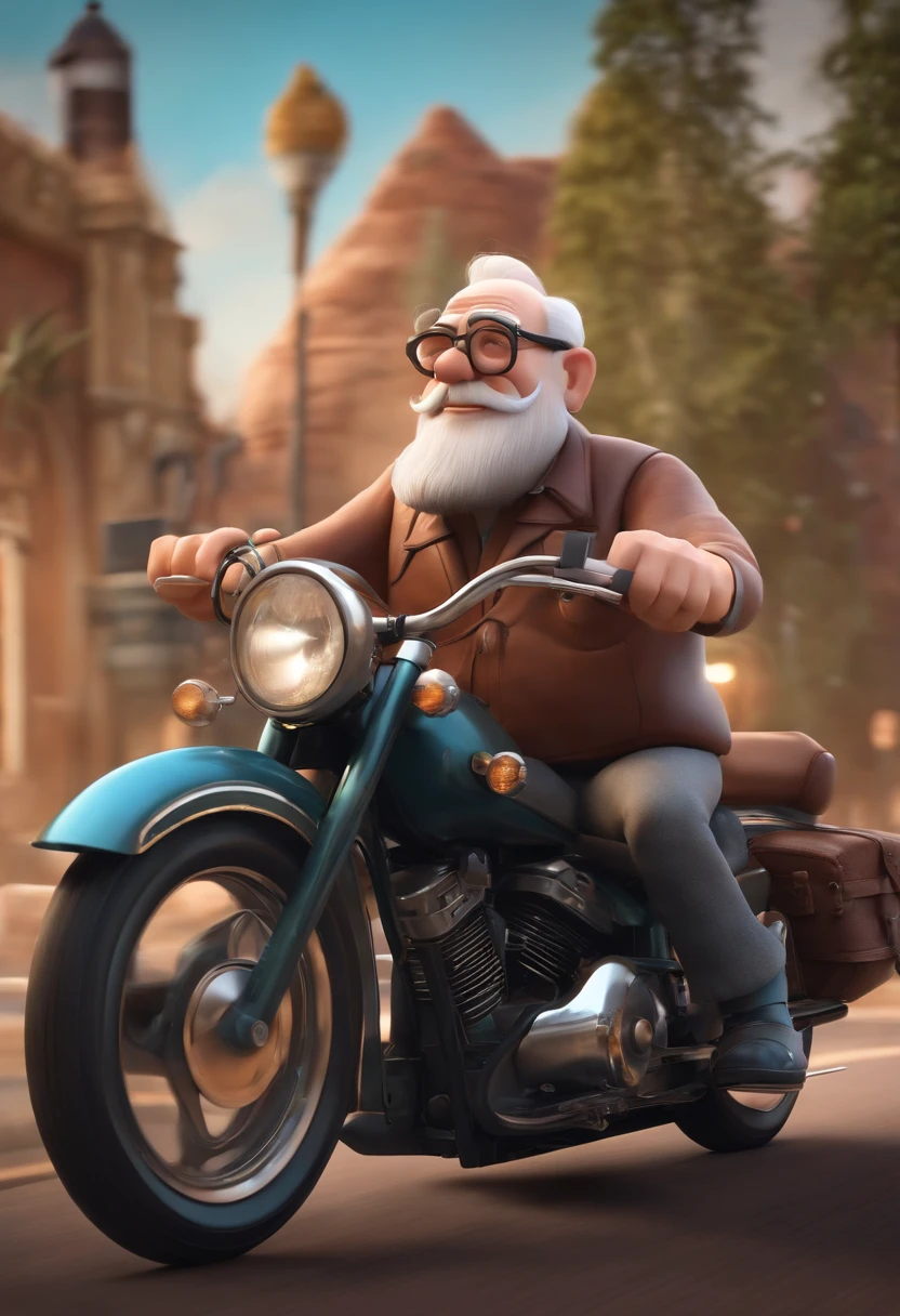 a 3D Disney Pixar style poster of an elderly man with glasses, pilotando uma Harley Davison 883 em um passeio de motocicleta