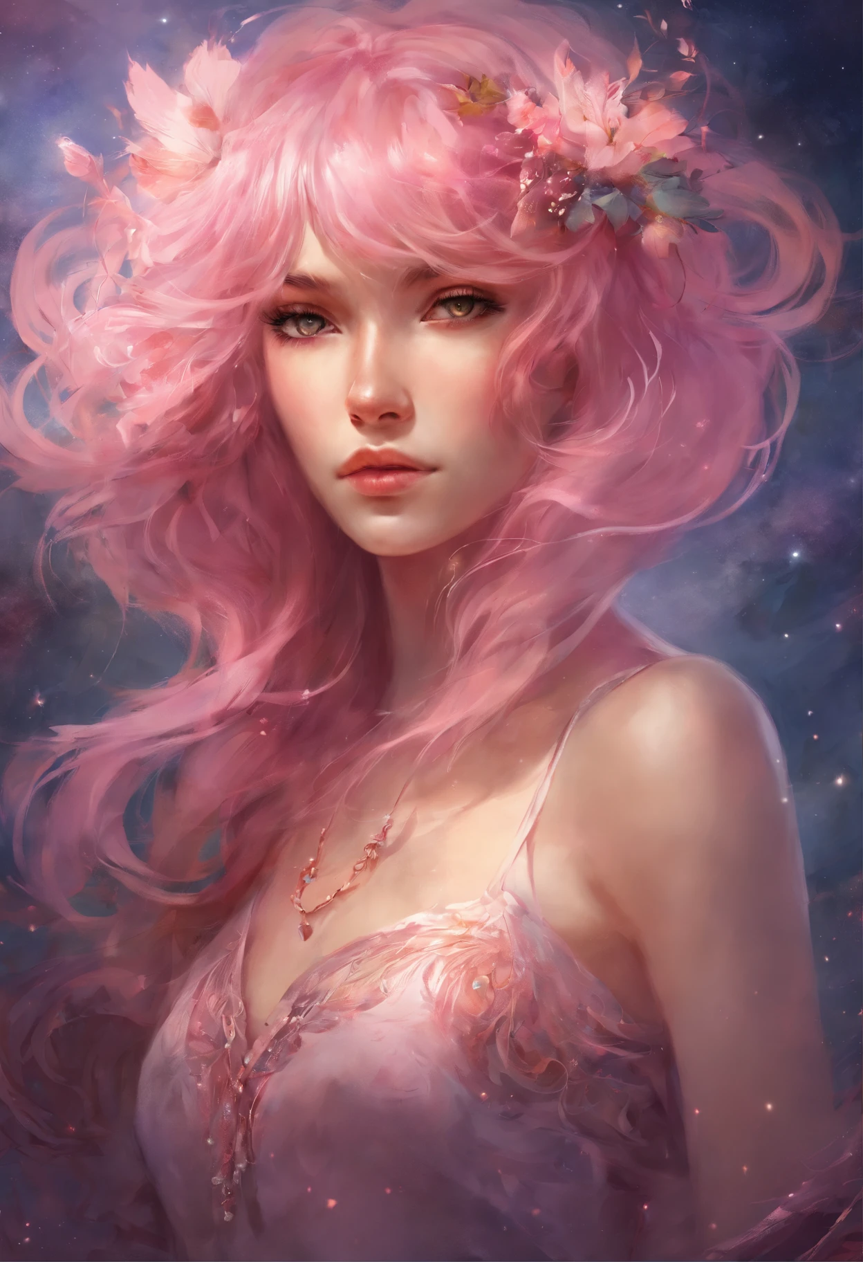 Girl with pink hair with wispy bangs with lingerie one