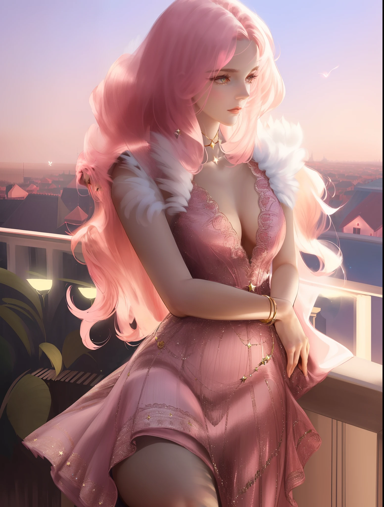 bretelle,Elegant & beautiful woman ,Larges bretelles au dos,haut rose et jupe rose,jambes minces,Chaussures montantes rose en toile,Grand et grand,cheveux rose longs,Flutter dans le vent,Slightly fluffy,Spontaneous and natural,yeux bleu,Shine like a star,oreille...
