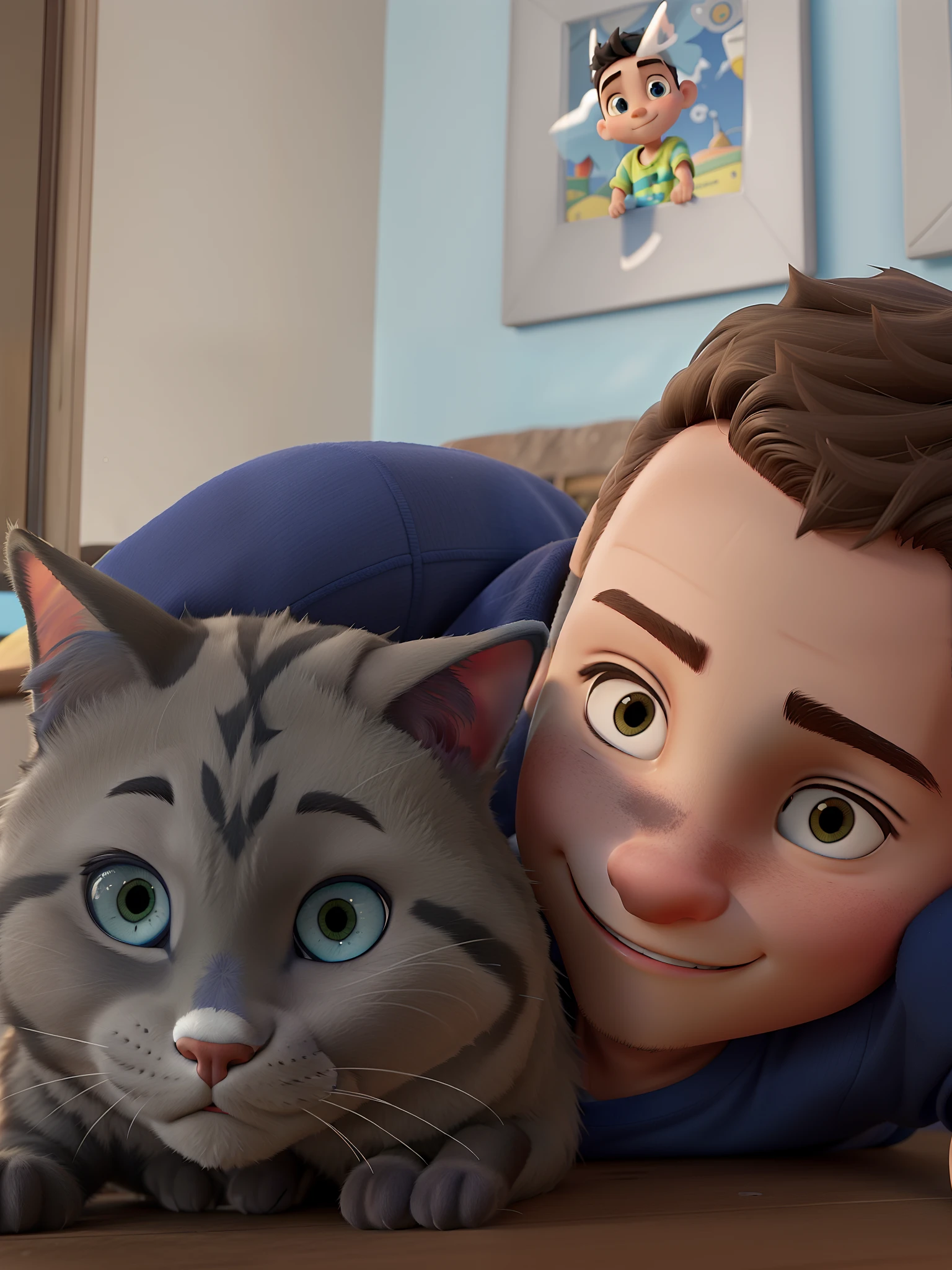 Gato azul russo,  with boy with the features of the boy in the photo, juntos, ao luar junto ao mar