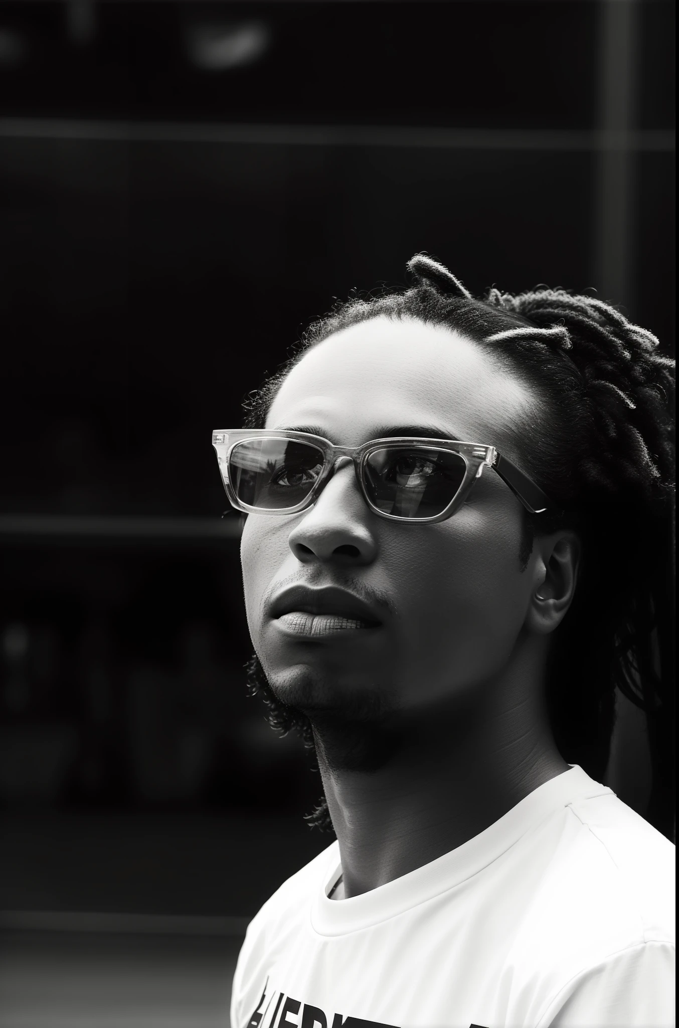 Araffe wearing a white shirt and glasses standing on a tennis court, taken in the early 2020s, Carlos Gustavo, taken in the late 2010s, retrato de perfil, Rodney Mateus, imagem retrato, Retrato no meio da foto, Chuva iluminada, tiradas no final dos anos 2000, olhando para o lado, Directed by: Robert Lee Eskridge