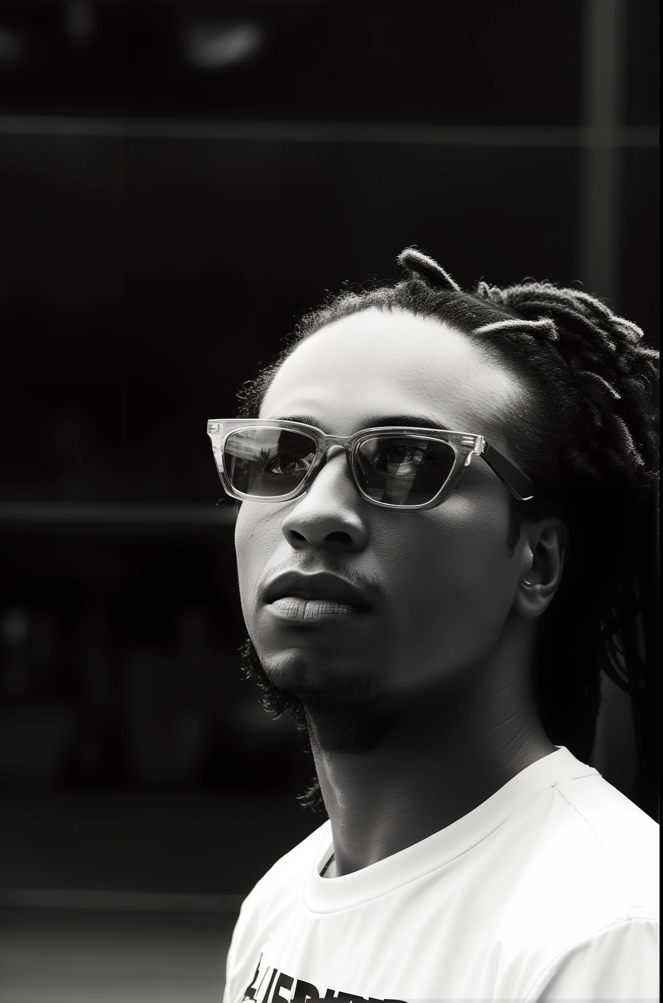 Araffe wearing a white shirt and glasses standing on a tennis court, taken in the early 2020s, Carlos Gustavo, taken in the late 2010s, retrato de perfil, Rodney Mateus, imagem retrato, Retrato no meio da foto, Chuva iluminada, tiradas no final dos anos 2000, olhando para o lado, Directed by: Robert Lee Eskridge