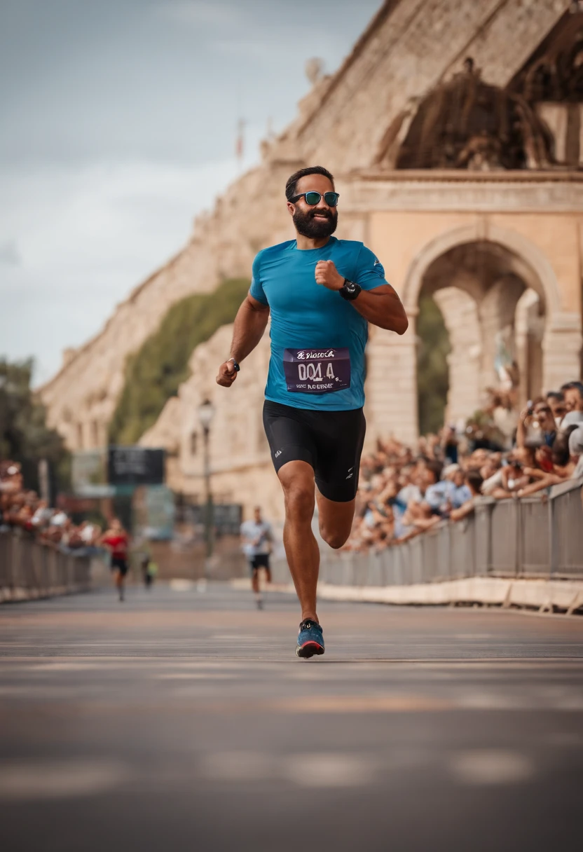 Generate an image of a man in his 30s achieving a personal goal, How to cross the finish line of a marathon with open arms, Este homem tem pele clara, uma barbapreenchida, mas curta(tipo barba a da fazer), He wears a pair of glasses with rounded frames, This one should even be Pixar style