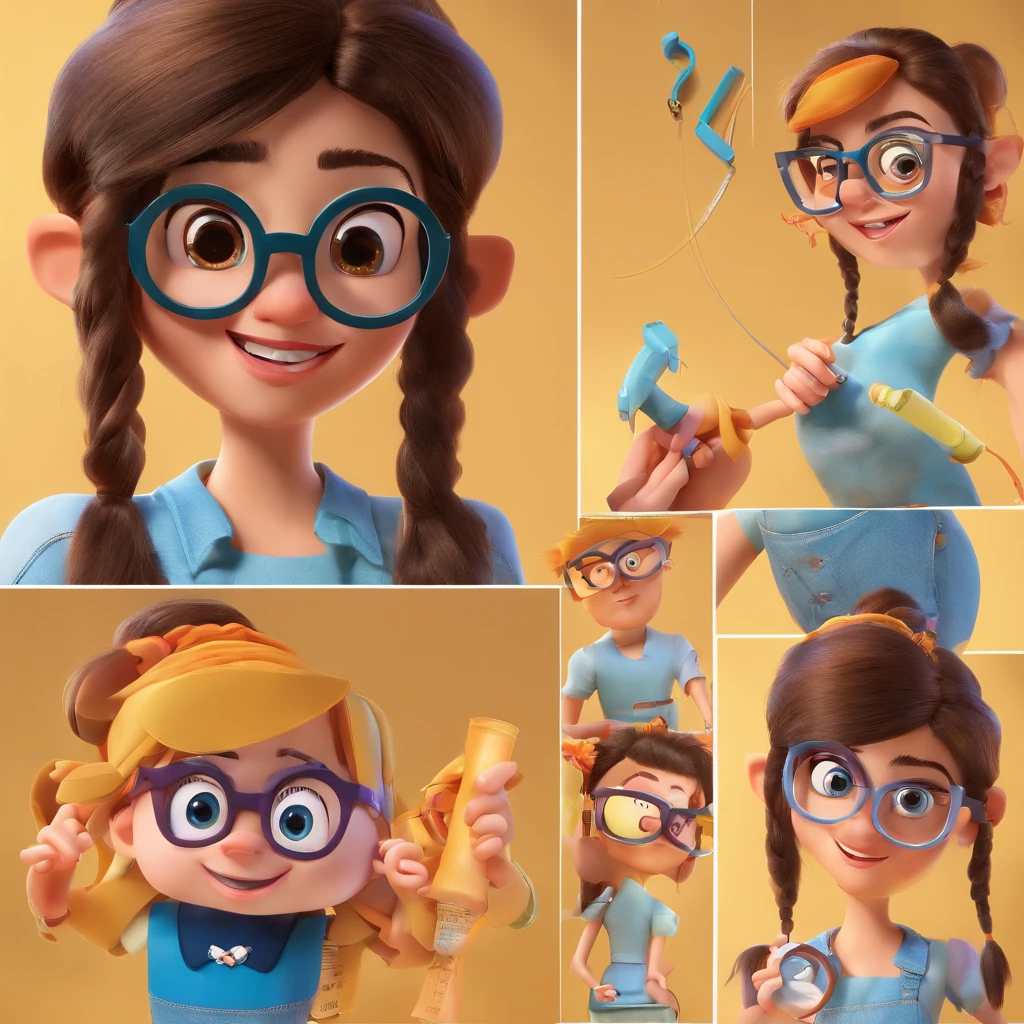 Create a Disney Pixar-inspired poster featuring the character being a brunette with glasses, nose piercing with a sewing machine, and a tape measure around her neck