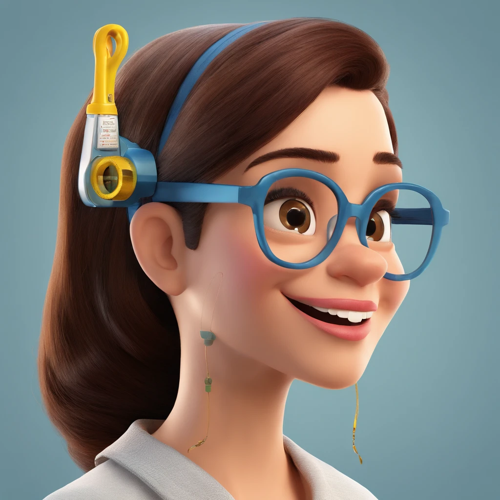 Create a Disney Pixar-inspired poster featuring the character being a brunette with glasses, nose piercing with a sewing machine, and a tape measure around her neck