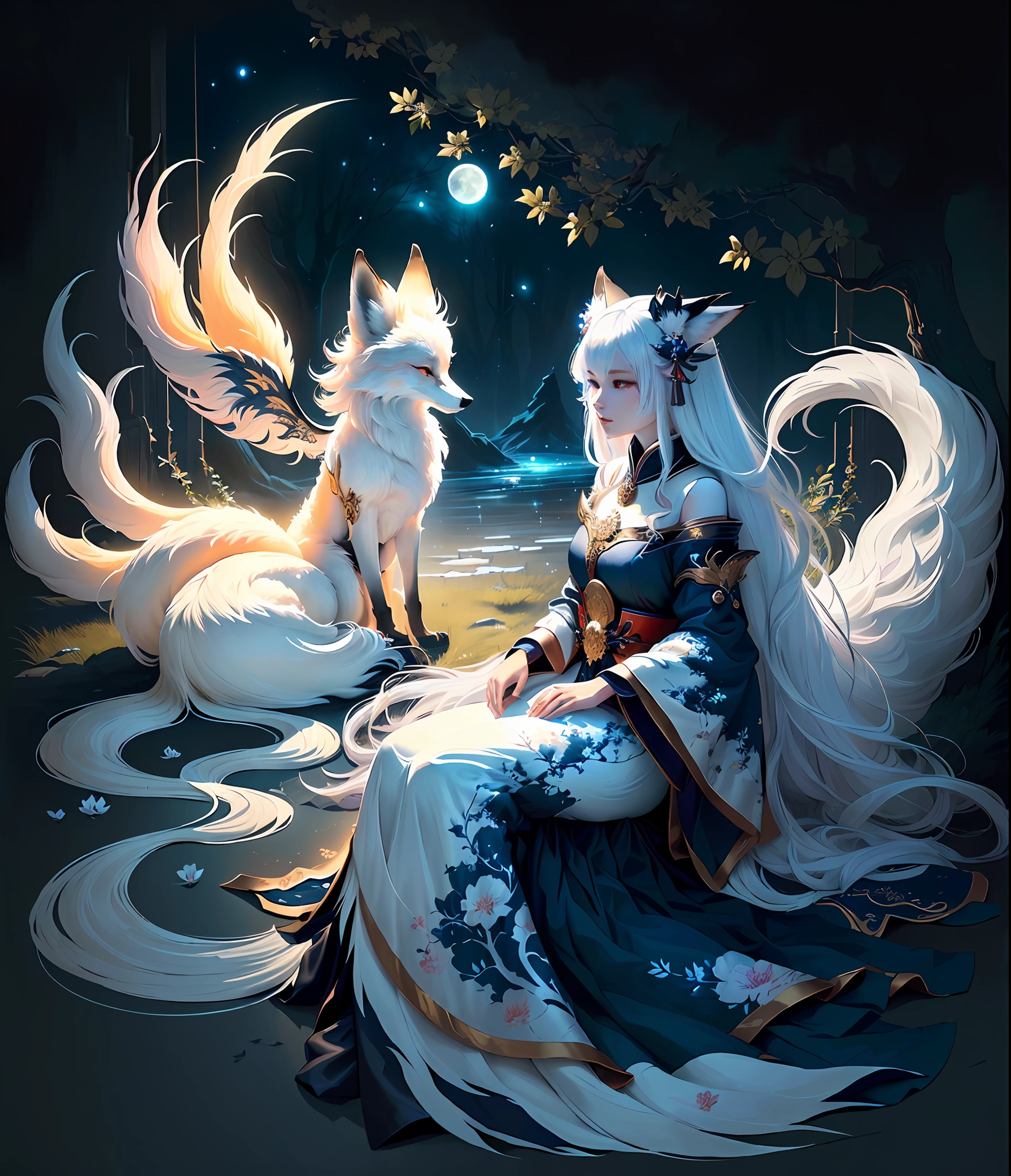 The background is a painting of a big moon, dreamy, a fox with white hair sitting on a branch under the stars, ethereal fox, nine-tailed fox, fox three-tailed fox, Onmyoji detailed art, nine tails, beautiful artwork illustrations, mythical creatures, foxes, beautiful digital artwork, exquisite digital illustrations, mizutsune, inspired by mythical creature wildnet, digital art on pixiv, bright light, high contrast, horror movie theme, dark atmosphere