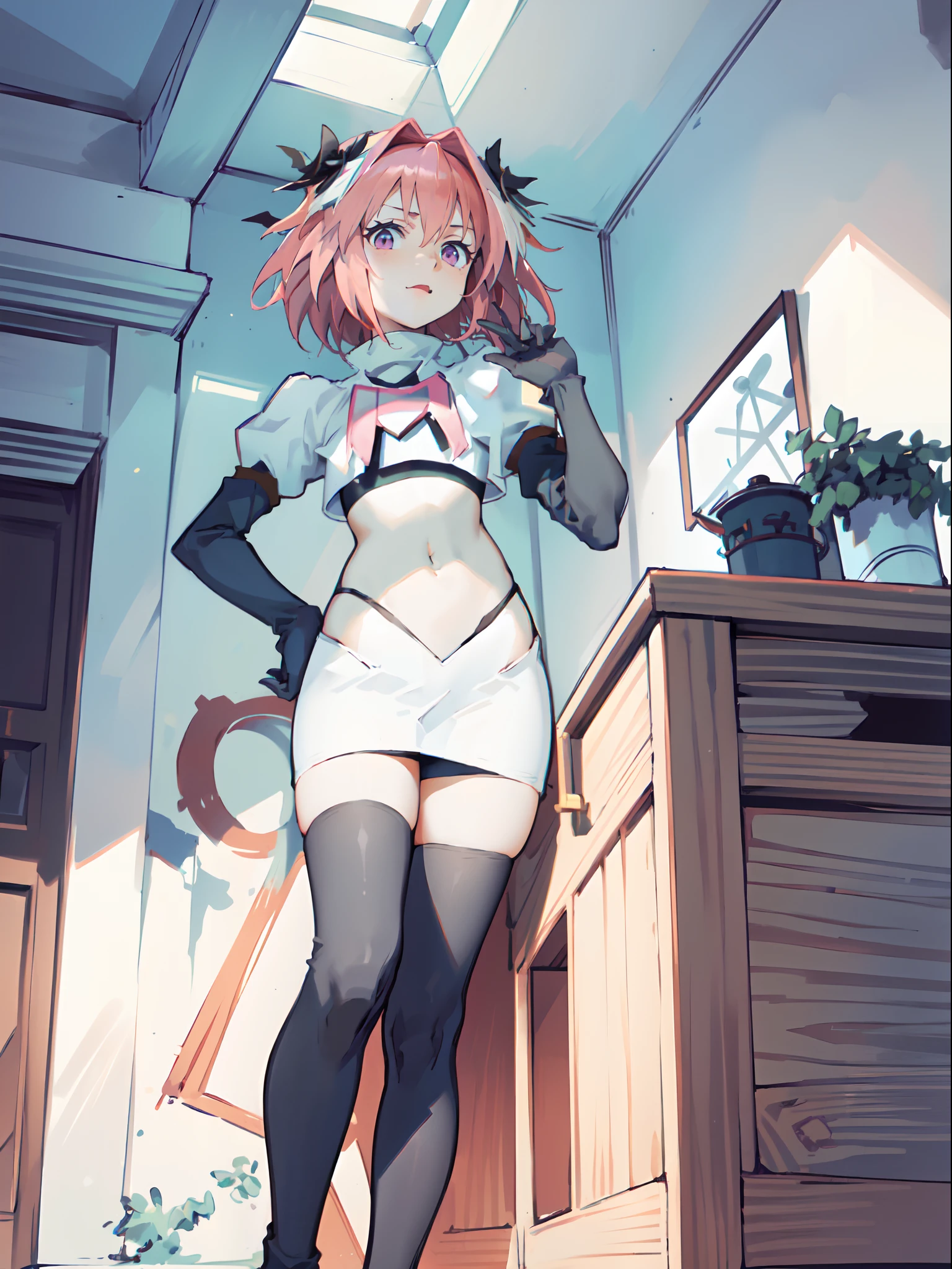 absurdres, masterpiece, best quality, (astolfo fate:1.2155), 1boy, male focus, trap, pink multicolored hair, pink hair, white hair, hair intakes, long hair, pink detailed eyes, crossdressing,1boy,team rocket,team rocket uniform,white skirt,crop top,black thigh-highs,black elbow gloves,