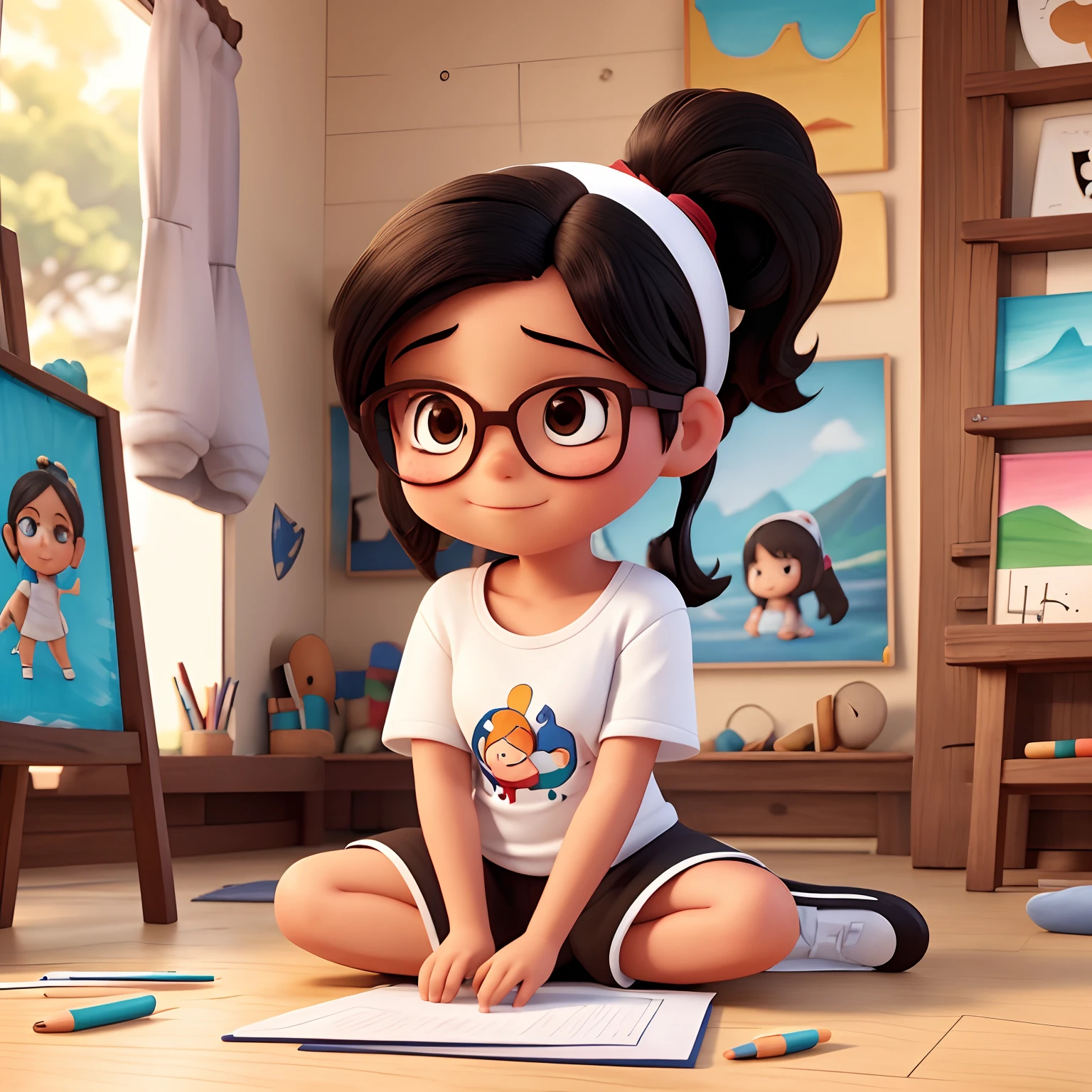 Uma gorda chinesa que twm o cabelo curto preto e cacheado na altura do ombro e bem cheio. There's no frqnja in her hair It's white, black-eyed and slanted. wears glasses, usa short, usa blusa de manga curta, usa um headset. She is drawing in her art and painting studio. She is sitting on the floor with colored pencils around her and paper also has a white and brown xitzu dog