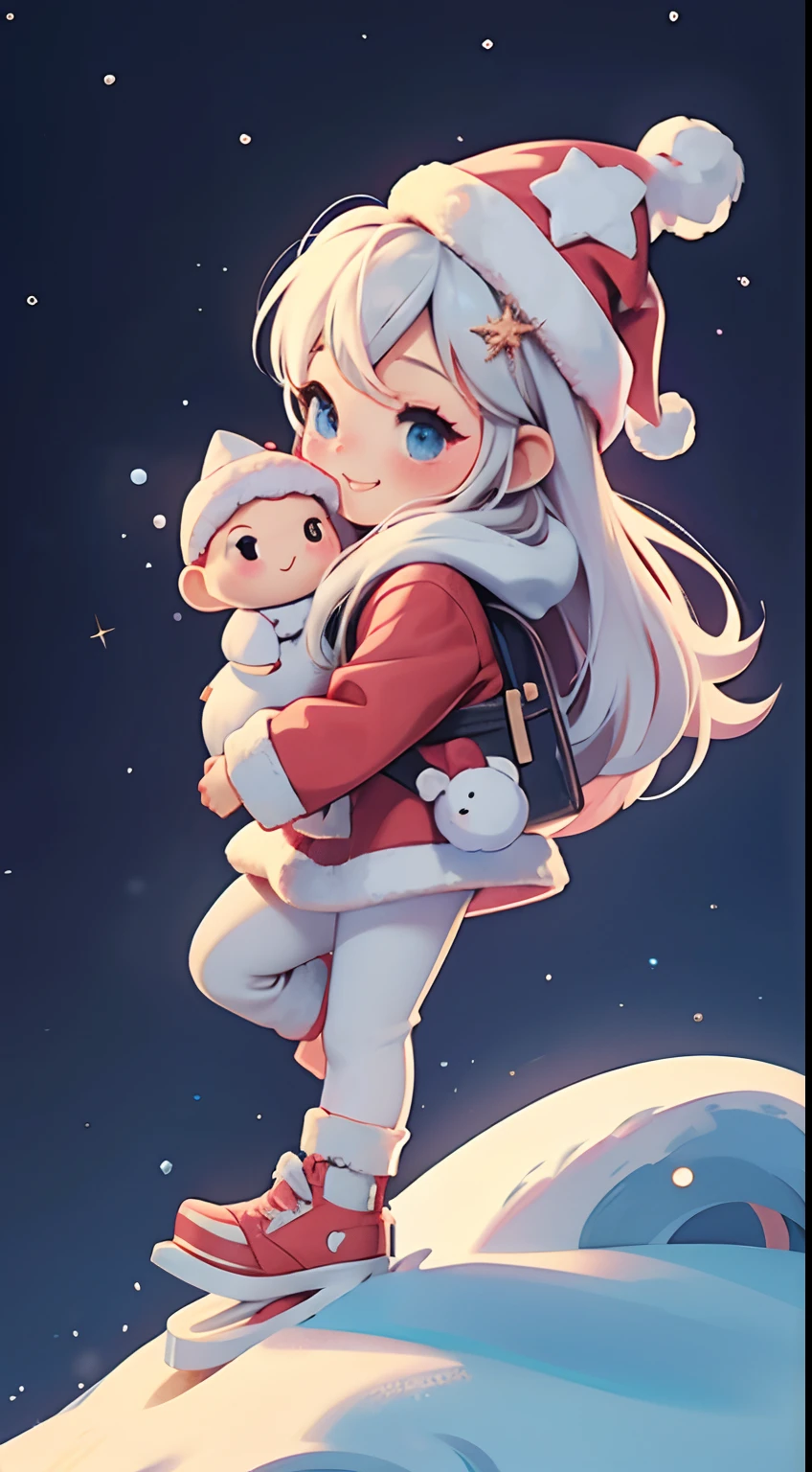 Santa Claus happily carrying presents、Santa is a pretty girl、Chibi Doll、Stars in the eyes（kirakira）、Eye Up、Laugh、Cute red shoes、foco nítido, Ultra Detail, radiant light、bio luminescent、snowscape、It's snowing、Snowboard Riding、Draw a large snowflake in the foreground、Taken from the side、Stronger bokeh effect