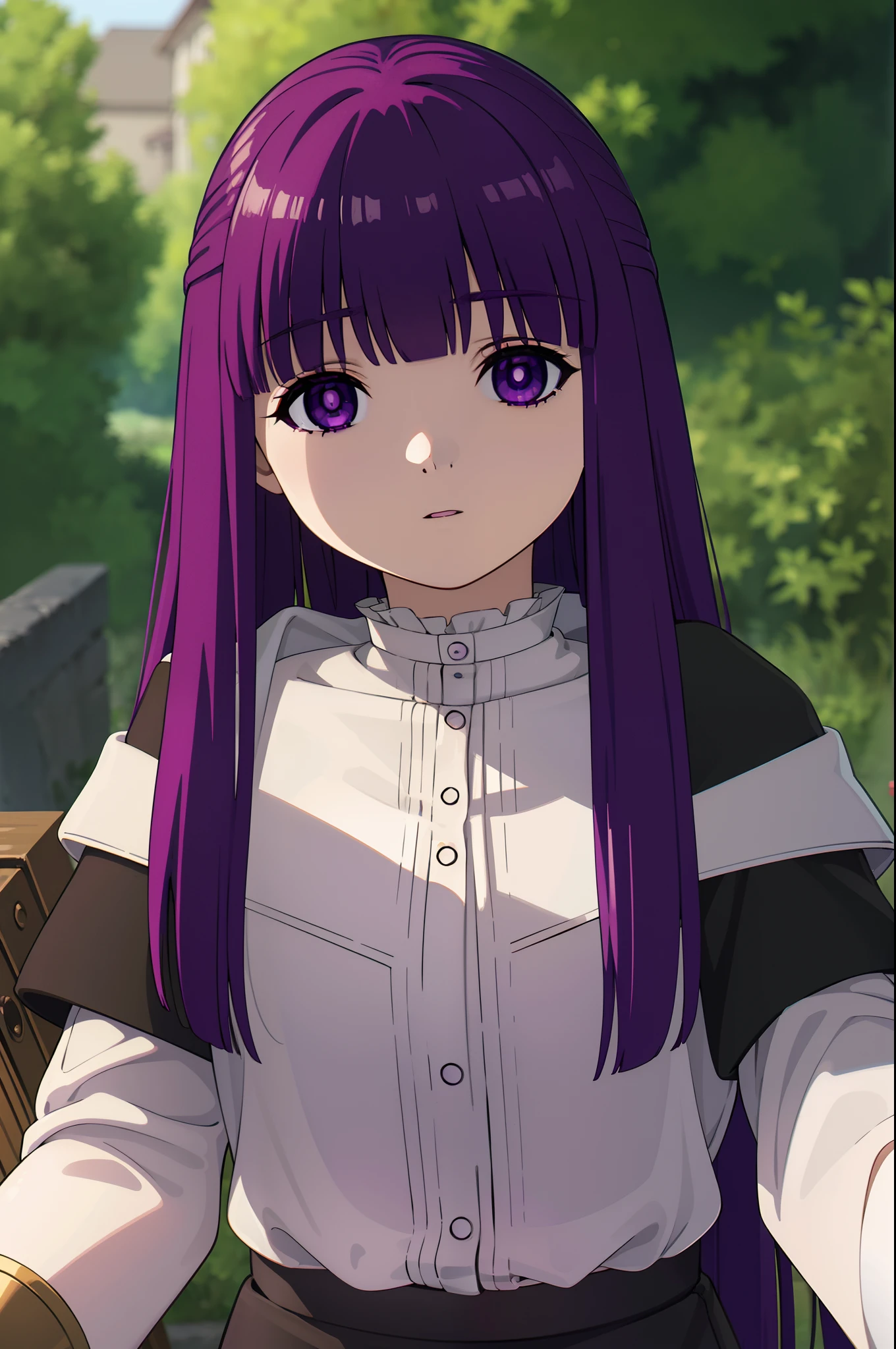 fern, long hair, bangs, (purple eyes:1.1), purple hair, mini skirt, thigh, thigh shot, outdoor, looking at viewer, selfie, selfie angle, from above, (masterpiece:1.2), best quality, high resolution, unity 8k wallpaper, (illustration:0.8), (beautiful detailed eyes:1.6), extremely detailed face, perfect lighting, extremely detailed CG, (perfect anatomy)