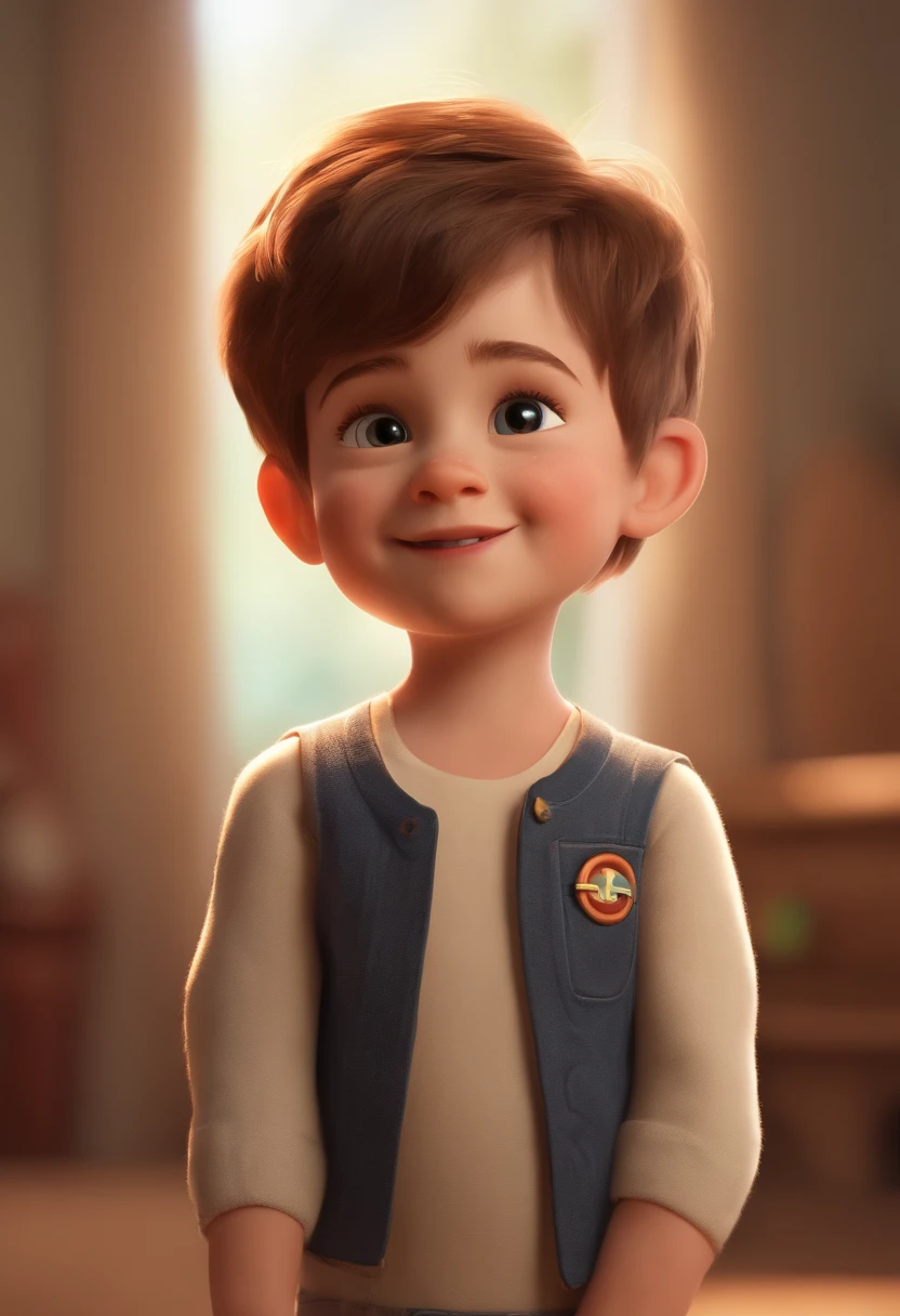 a happy cute  standing short hair, vestindo uma fantasia espacial, , fundo branco, barnet, Tom, Estilo Pixar, ....3d, desenhos animados, rosto detalhado, asymmetrical 16k