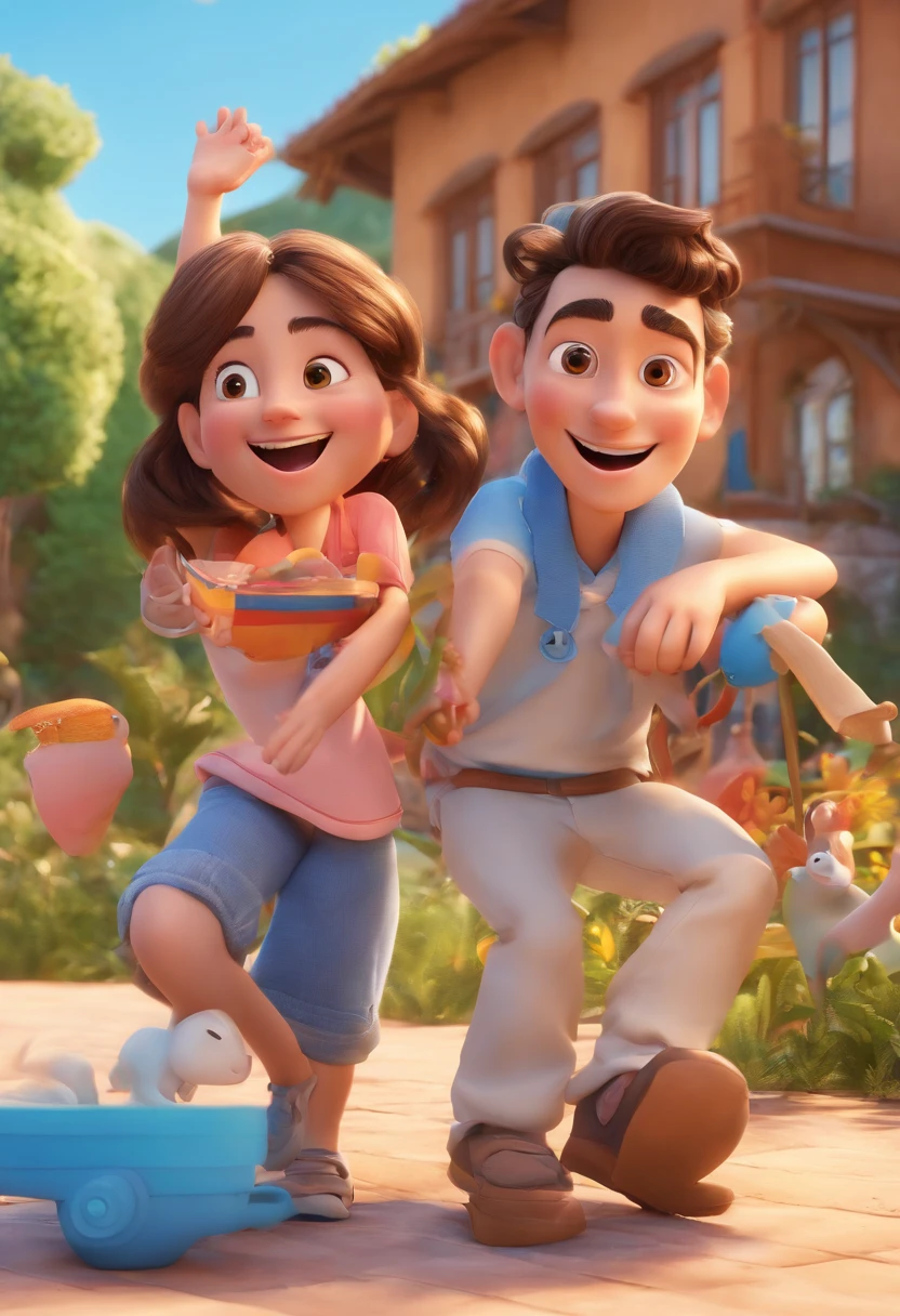 Cartoon of friends having fun on vacation together, 3D Animation Movie Poster, Poster de filme animado, pixar 3 d animation style, pixar renderman rendering, maia 8 mil, animated film, Disney Pixar Estilo 3D, amigos felizes saem juntos, all wearing light blue shirts and cream brown long pants, camisa azul clara, cream brown pants, ao ar livre, vacation, Disney Pixar Animation Poster