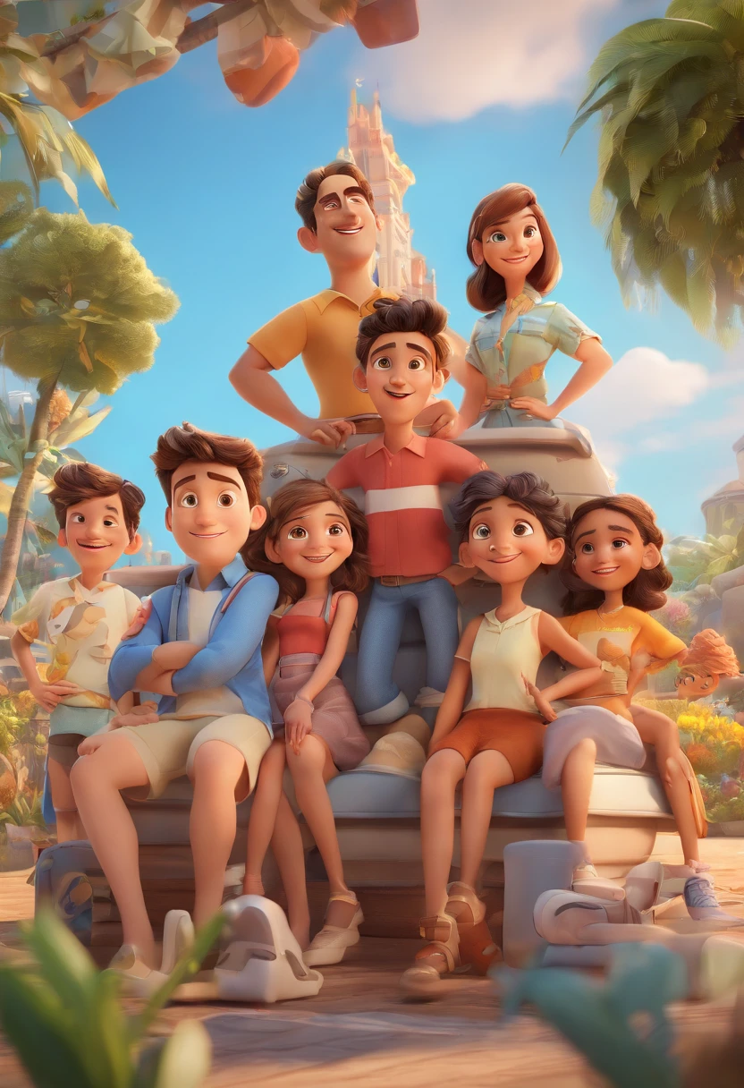 Cartoon of friends having fun on vacation together, 3D Animation Movie Poster, Poster de filme animado, pixar 3 d animation style, pixar renderman rendering, maia 8 mil, animated film, Disney Pixar Estilo 3D, amigos felizes saem juntos, all wearing light blue shirts and cream brown long pants, camisa azul clara, cream brown pants, ao ar livre, vacation, Disney Pixar Animation Poster