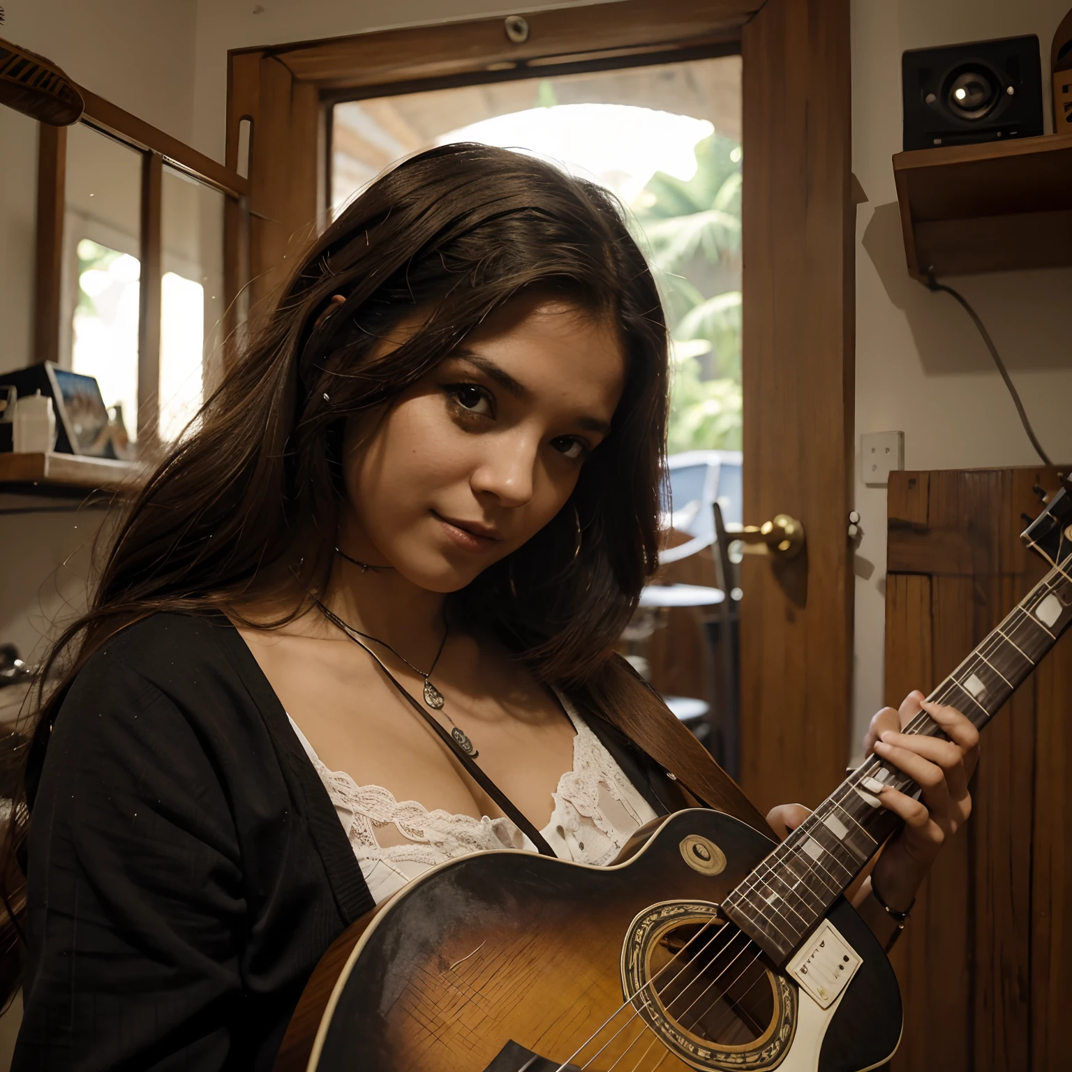 Naked, Beautiful teen girl, Beautiful eyes, graceful fingers, natural makeup, Colors, plays guitar, Hyper detail, mystical light light, living room background, full body standing