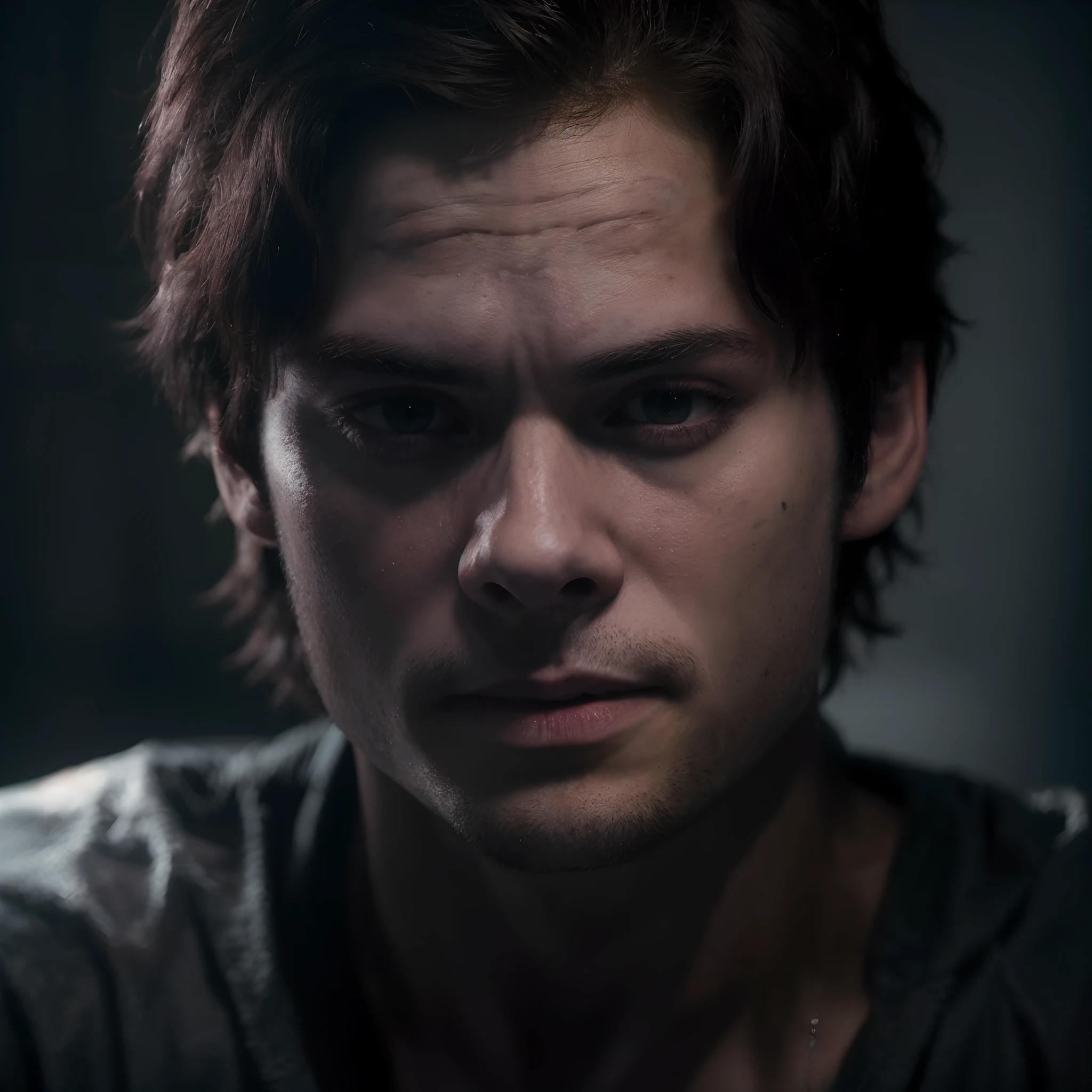 (melhor qualidade, alta resolução), (realista: 1,37), Dylan O'Brien como um vampiro, olhos detalhados, foco nítido, cores vivas, atmosfera sombria, retrato deslumbrante, gotic