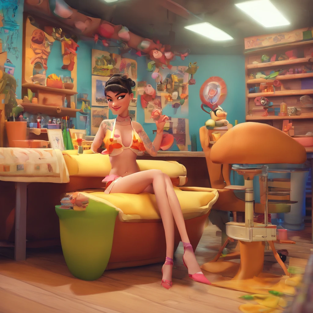 create a 3D movie poster inspired by Disney Pixar, The scene should be in Pixar's signature digital art style, com uma imagem caricatural que lembra a cantora brasileira "Anita" in the prone position, Wearing a bikini while a tattoo artist is sitting tattooing with a giant ring on one hand, inside a tattoo parlor.