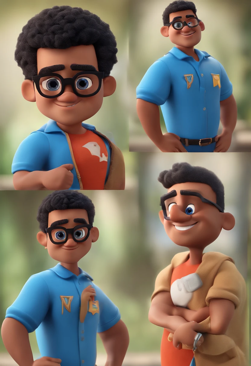 Cartoon character of a man with black glasses and a blue shirt, animation character, Caractere estilizado, animation style rendering, 3D estilizado, Arnold Maya render, 3 d render stylized, toon render keyshot, Personagem 3D, Personagem 3D, 3d rendering stylized, 3 d character render, personagem de desenho animado, Personagem de close up, Pose de personagem,  (Estilo Pixar) (master part:1.2) (Bokeh) (best quality) (pele detalhada) (textura detalhada) (8k) (argila) (Cinematic lighting) (foco nítido