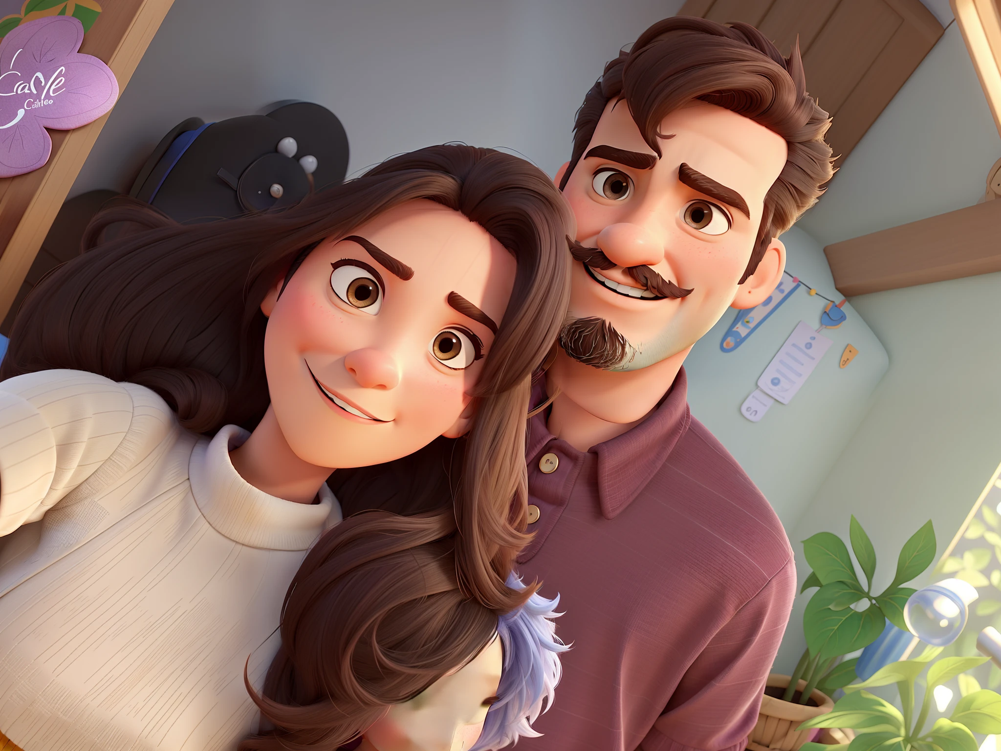 Casal estilo Disney pixar, homem com cavanhaque e bigode, mulher com cabelo longo liso castanho escuro.