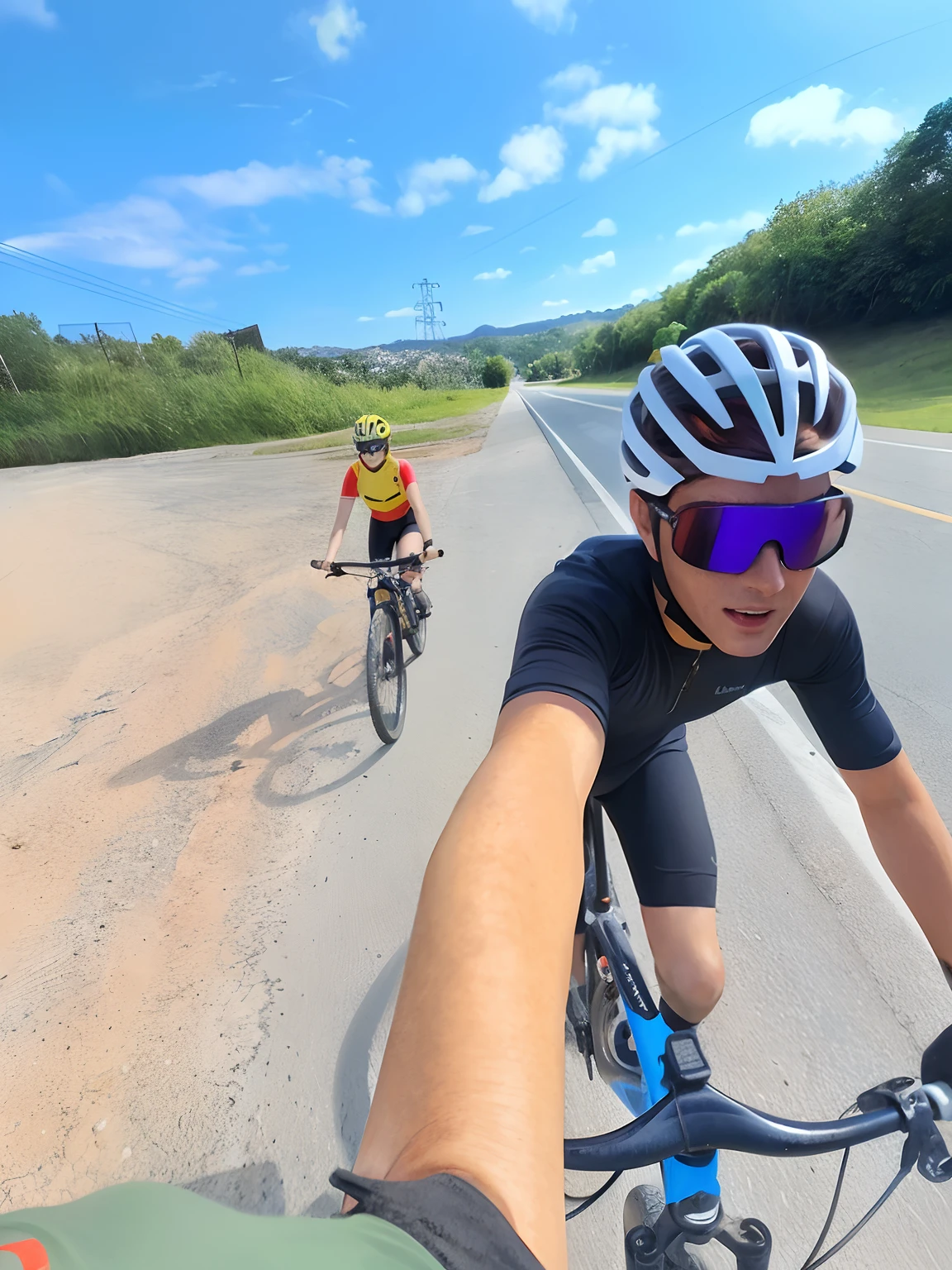 There are two people riding a bicycle on a road with a sky background, Tiro em GoPro9, ciclismo!!, Tiro no iPhone 1 3 Pro Max, Assumido em Go Pro Hero8, Tiro no iPhone 1 3 Pro, tirado no iphone 14 pro, tirado no iphone 1 3 pro, Andar na estrada, Capturado no iPhone, Torne-se profissional, wide angle dynamic action shot