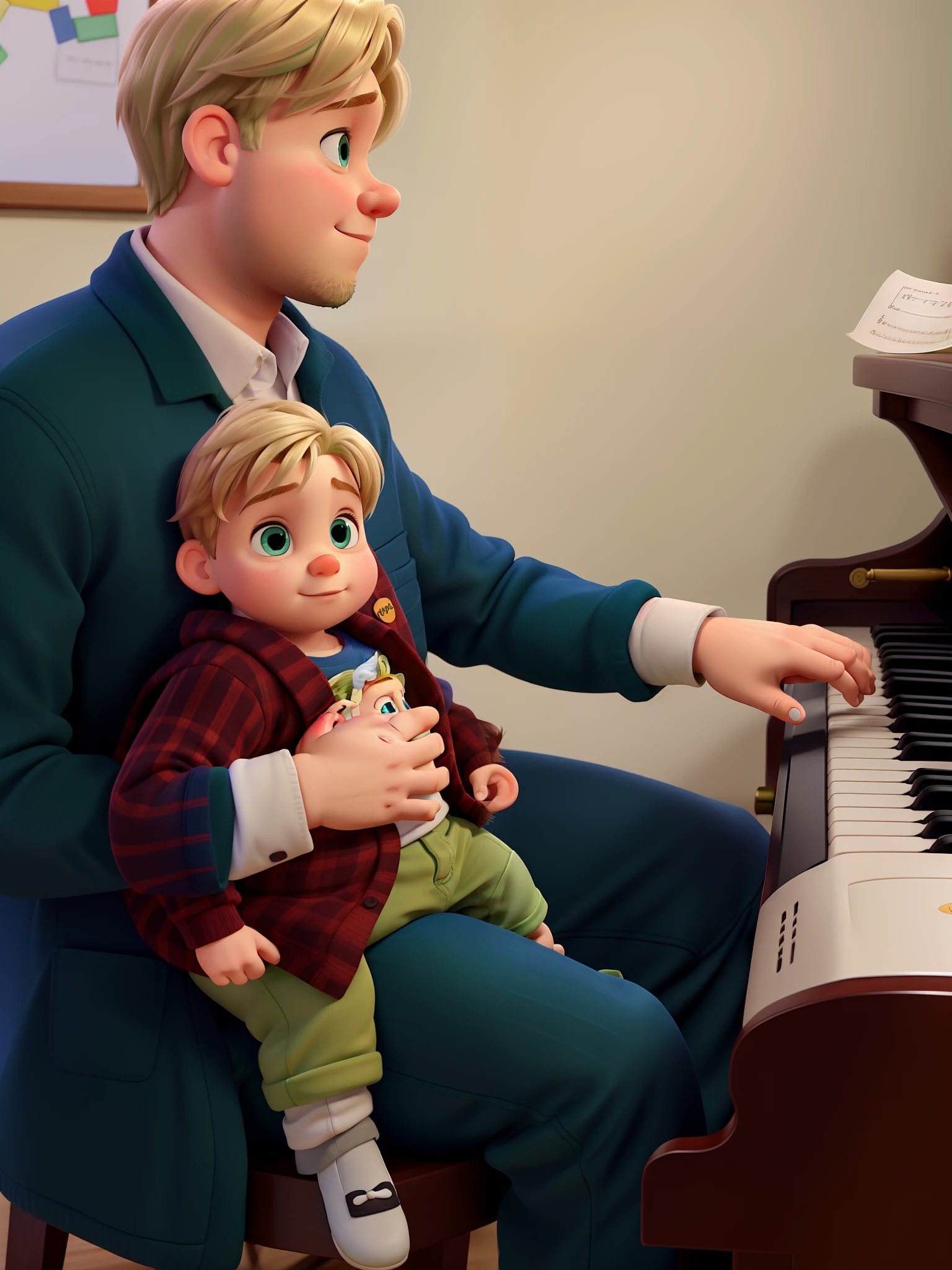 Obra-prima da pixar, Dark Blonde Green Eyes Overweight Petite Man Holding Blue Eyes Light Blonde 6 Month Old Baby, homem tocando piano