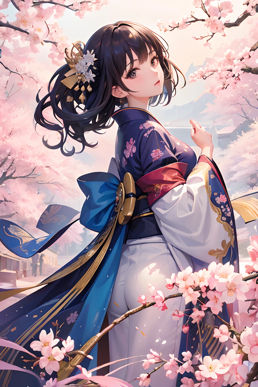 (masterpiece、top-quality、top-quality、Official Art、Beautifully Aesthetic:1.2)、(One Girl:1.3)、ighly detailed、The most detailed、(Dynamic poses)、(abstract backgrounds:1.3)、(kimono)、(shinny skin)、A path lined with flourishing cherry blossom trees、Cherry blossom blizzard whole body、walk、looking back