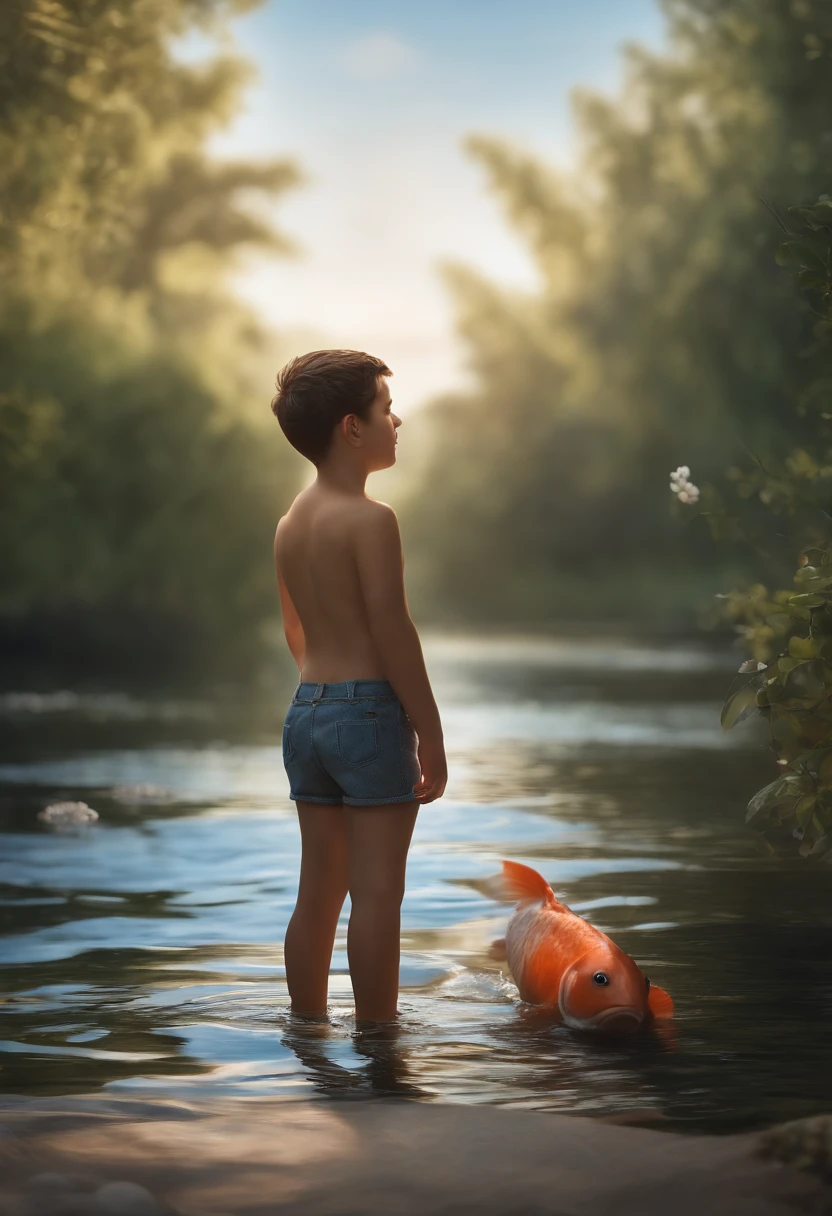 qualidade de imagem do filme,Disney Animation Style,A boy swims in the sea with a koi in his arms,cabelo curto e detalhado,Denim suspenders,Bare feet,profundidade de campos,Luz alta,luz real,Traching de raias,oc renderizado,hyper-realistic,melhor qualidade,8k,Obras de mestres,super-fino,pelos pubianos detalhados,anatomia correta,sharp focus on eyes,Bokeh,Facial features are carefully described