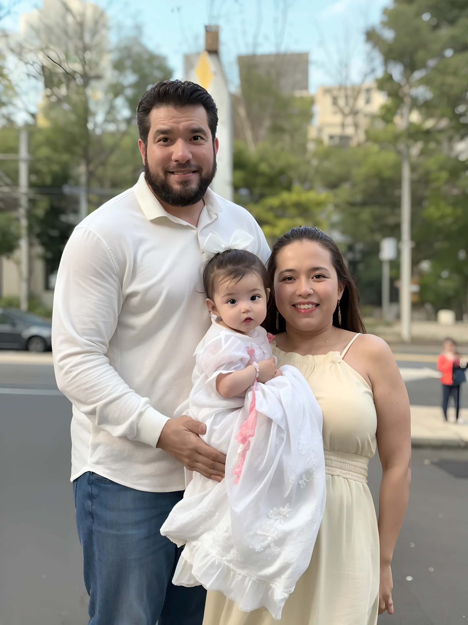 A man and a woman holding a on a street, Happy family, family portrait, marido esposa e filha