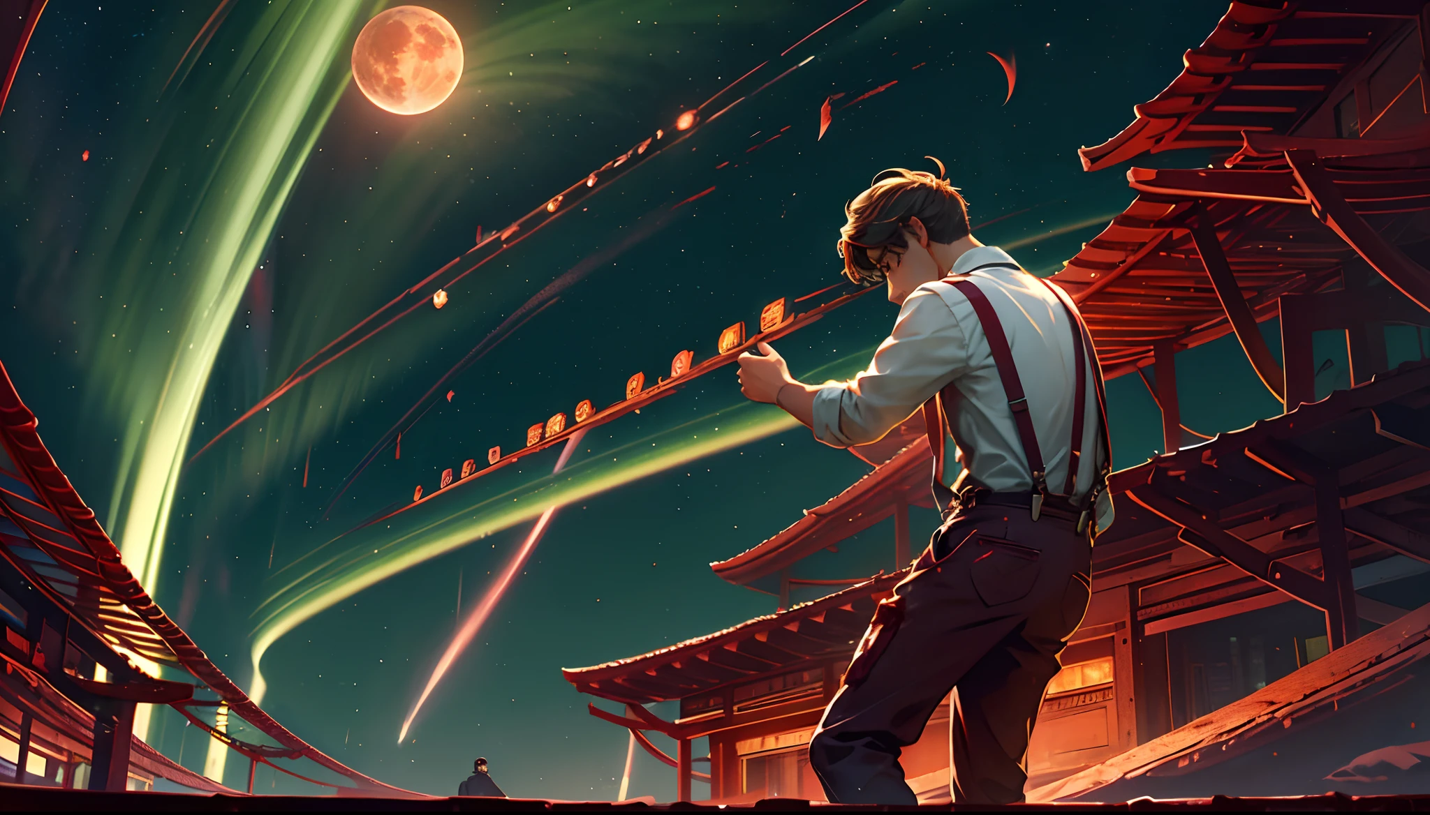 Blood Moon,Long red meteors streak across the sky,Rays of green aurora borealis floated overhead,middle parted hairstyle,Suspenders,Boy student
