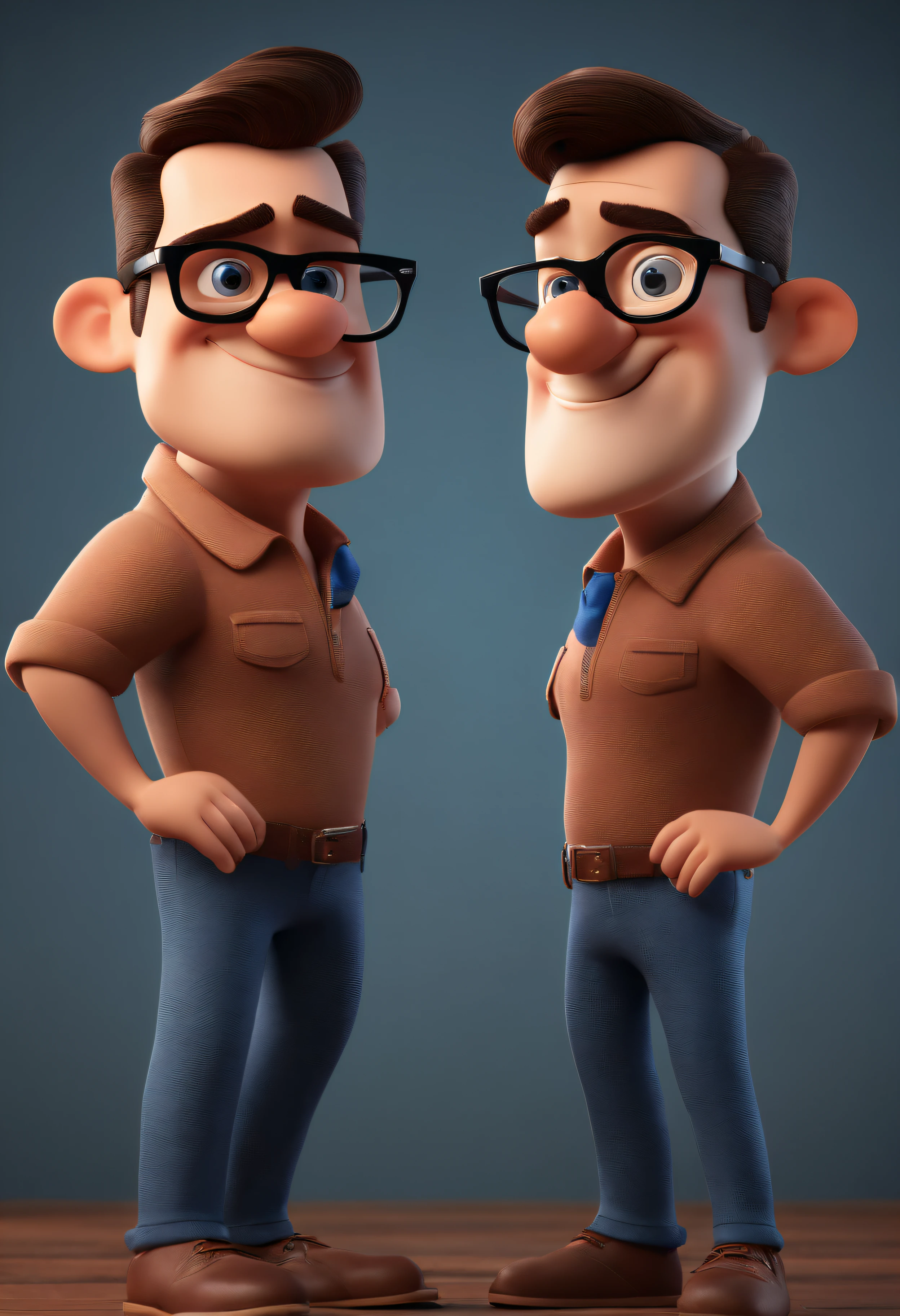 Cartoon character of a man with black glasses and a blue shirt, animation character, Caractere estilizado, animation style rendering, 3D estilizado, Arnold Maya render, 3 d render stylized, toon render keyshot, Personagem 3D, Personagem 3D, 3d rendering stylized, 3 d character render, personagem de desenho animado, Personagem de close up, Pose de personagem, (Estilo Pixar) (master part:1.2) (Bokeh) (best quality) (pele detalhada) (textura detalhada) (8k) (argila) (Cinematic lighting) (foco nítido