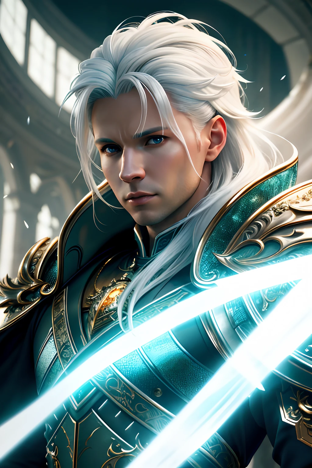 masterpiece, ultra detailed photography of a gorgeous humanoid dragon male, 1guy, (((36 year old male))), perfectly drawn face, wearing a luxury white battle armor, luxurious gloves, 8k resolution, photorealistic, ultra-high quality, king, opulent detailed background, covered navel, 32k, medium length white hair, full lips, curvy guy, perfect anatomy, cinematic lighting, intricately detailed, white tetradic color, volumetric lighting, angry