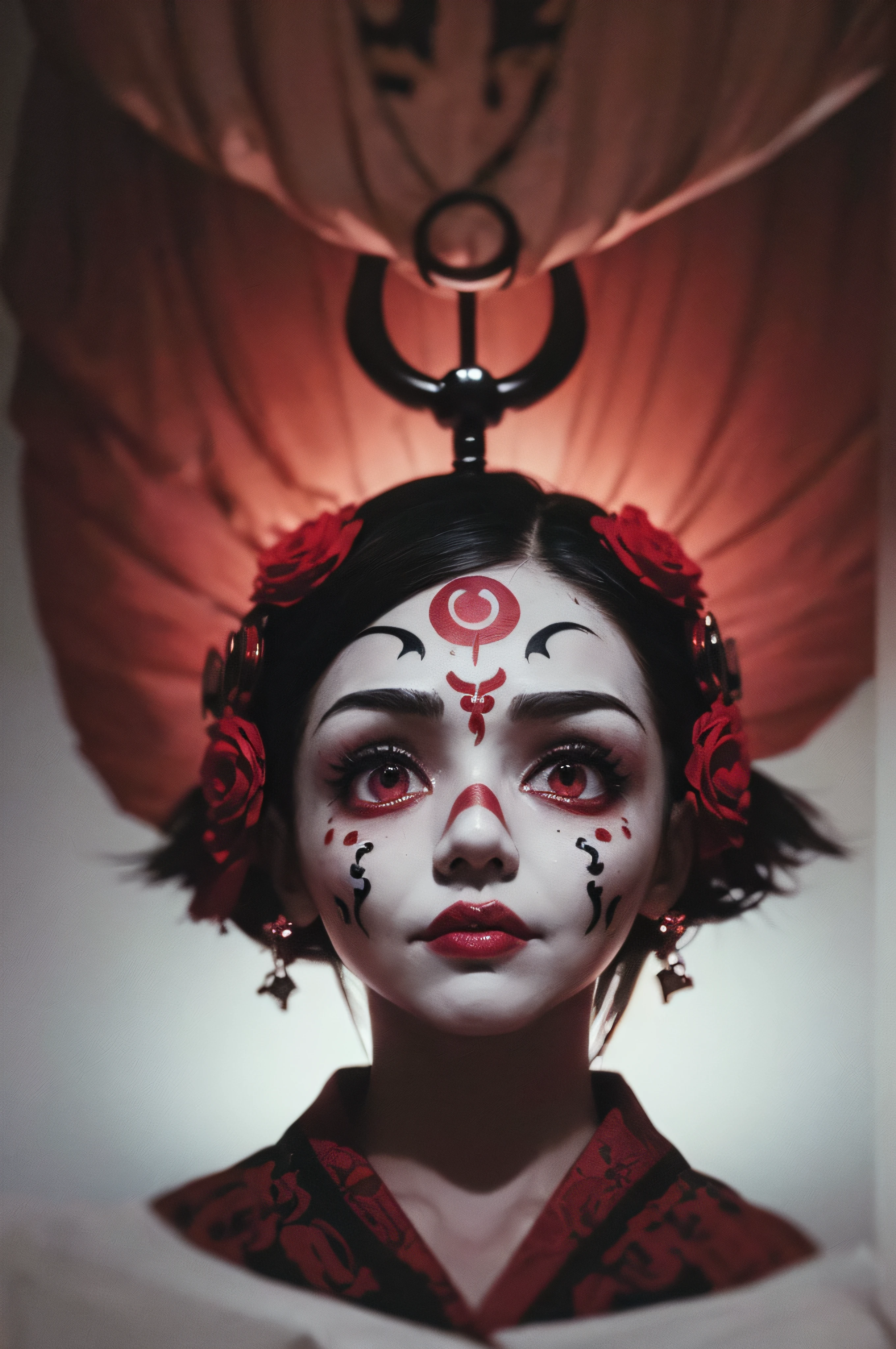 "(The best lighting, oscuro, dramatic),(feto calavera geisha escupiendo tinta roja, Cicatrices, sexy, cerebro, sangre, una rata dentro de la cabeza, terror.),(ojos rojos, calaveras). volumetric light.