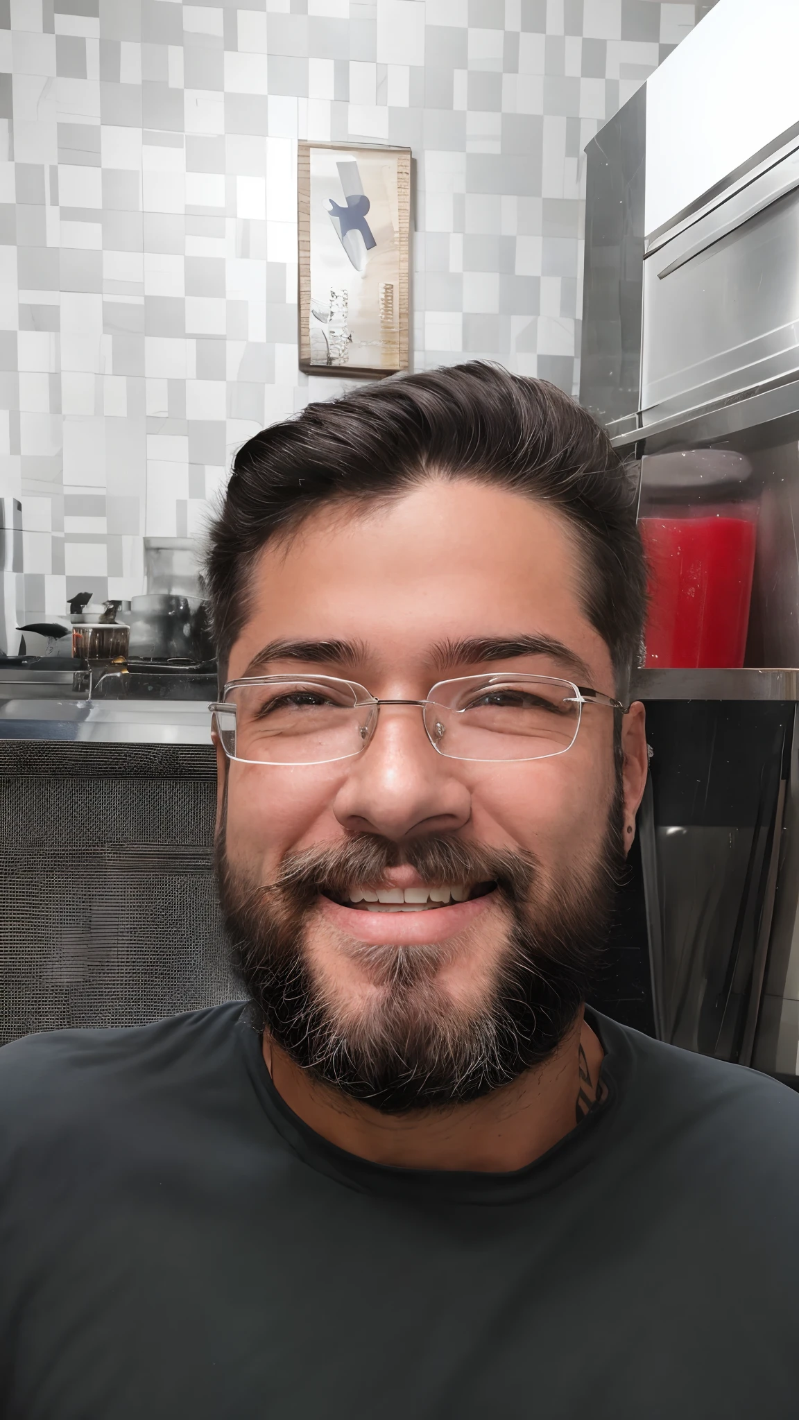 there is a man with glasses and a beard smiling in a kitchen, Henry Alvim Correa, david rios ferreira, edu souza, icaro carvalho, carmelo blandino, gui guimaraes, emad mostaque, caio santos, in sao paulo, by Nándor Katona, luiz escanuela