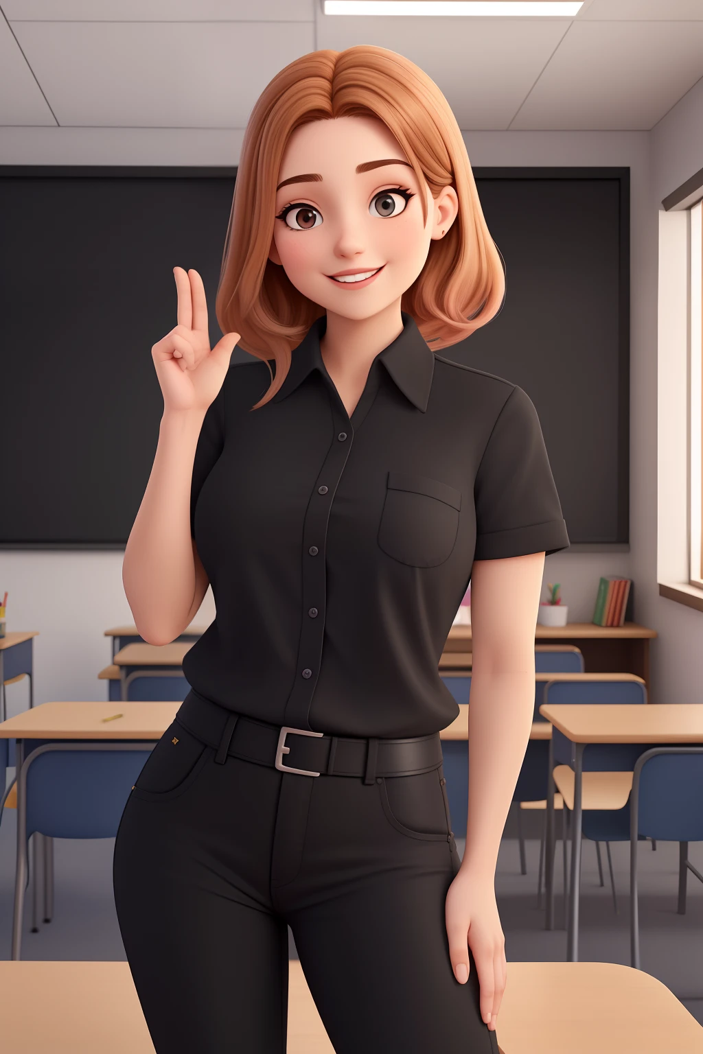Uma mulher de 22anos, com longos cabelos cacheados castanhos escuros , Rosto redondo, sorriso encantador, e olhos castanhos, In a classroom, studio lighting, sign language interpreter and sign language teacher. She's wearing black clothes, blouse and black jeans