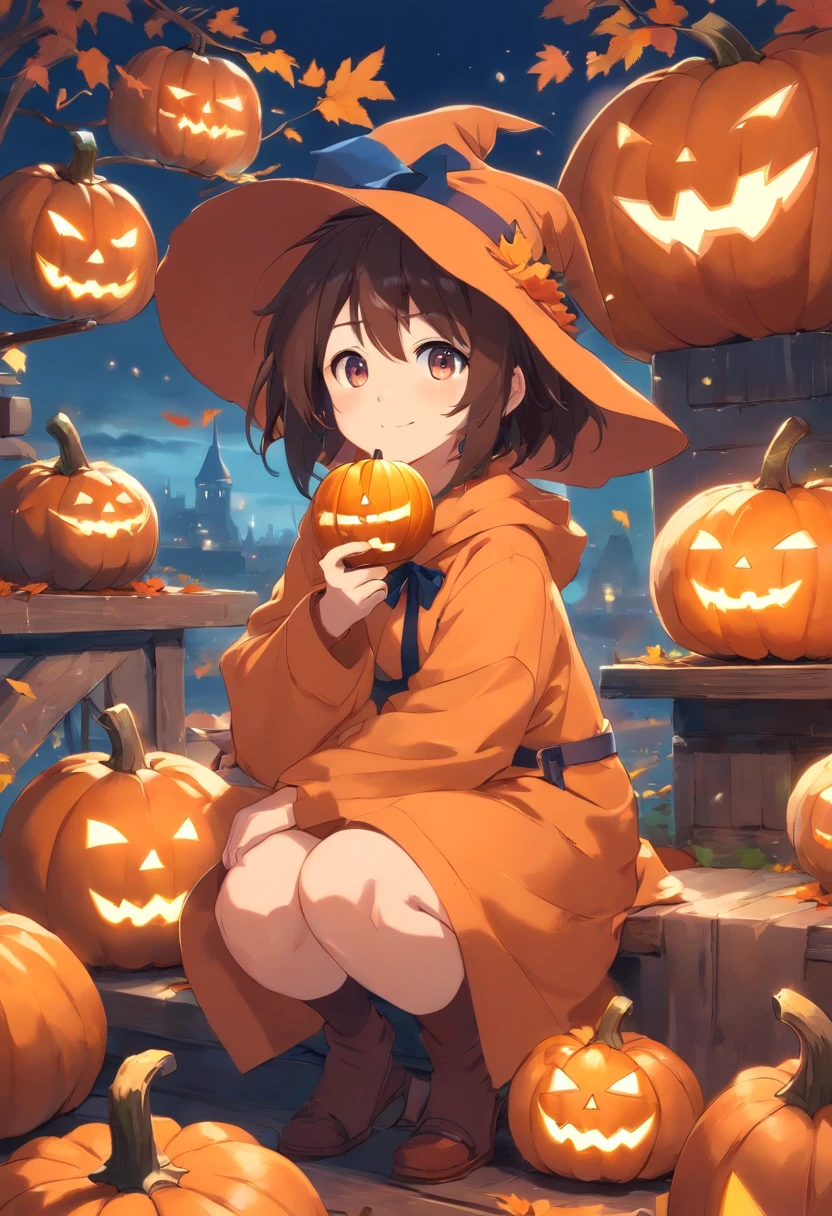 A girl in a witch hat sitting on a bench with pumpkins - SeaArt AI