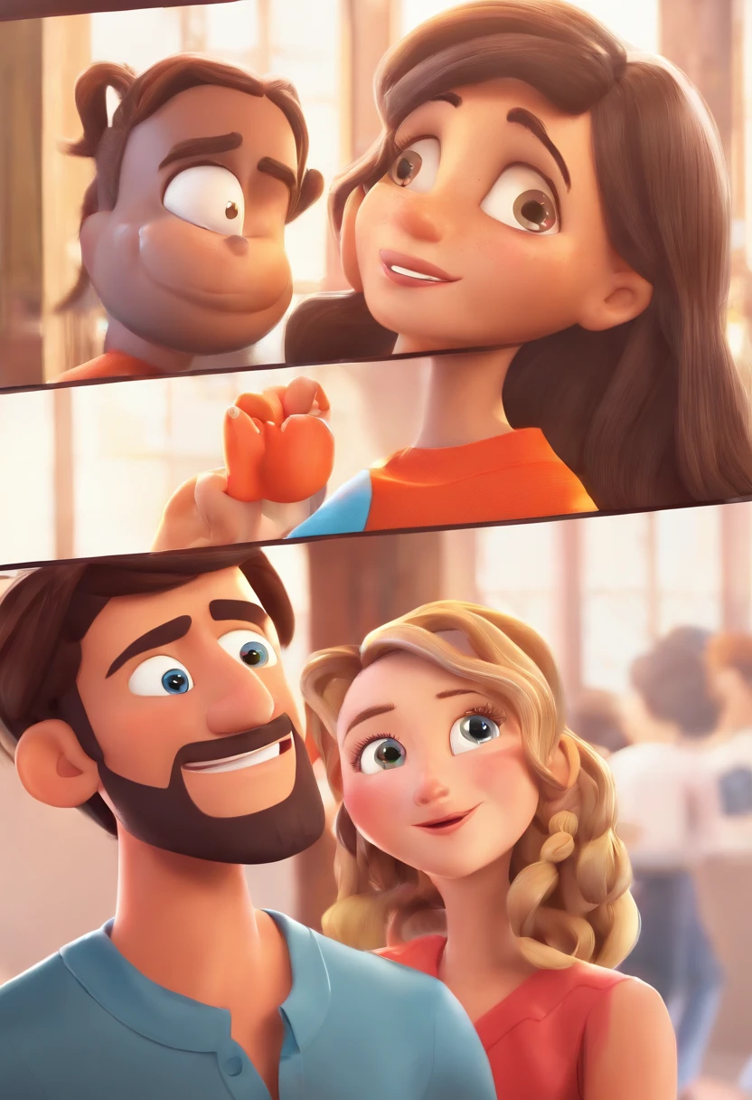 An illustration of an adorable family, destacando um homem e uma mulher com bonito, Expressive eyes – the man's skin is white and the man's hair is black, while the woman's skin is white and the woman's hair is curly and brown. They are a bright room, cada um com um sorriso no rosto, e compartilhar um momento especial caracterizado pelo amor. Illustrate this scene from a perspective where they are facing away from the camera, Showing Your Connection. Desenvolva esta arte em Full HD, Focus on your cinematic touch, Estilo Disney Pixar Animations