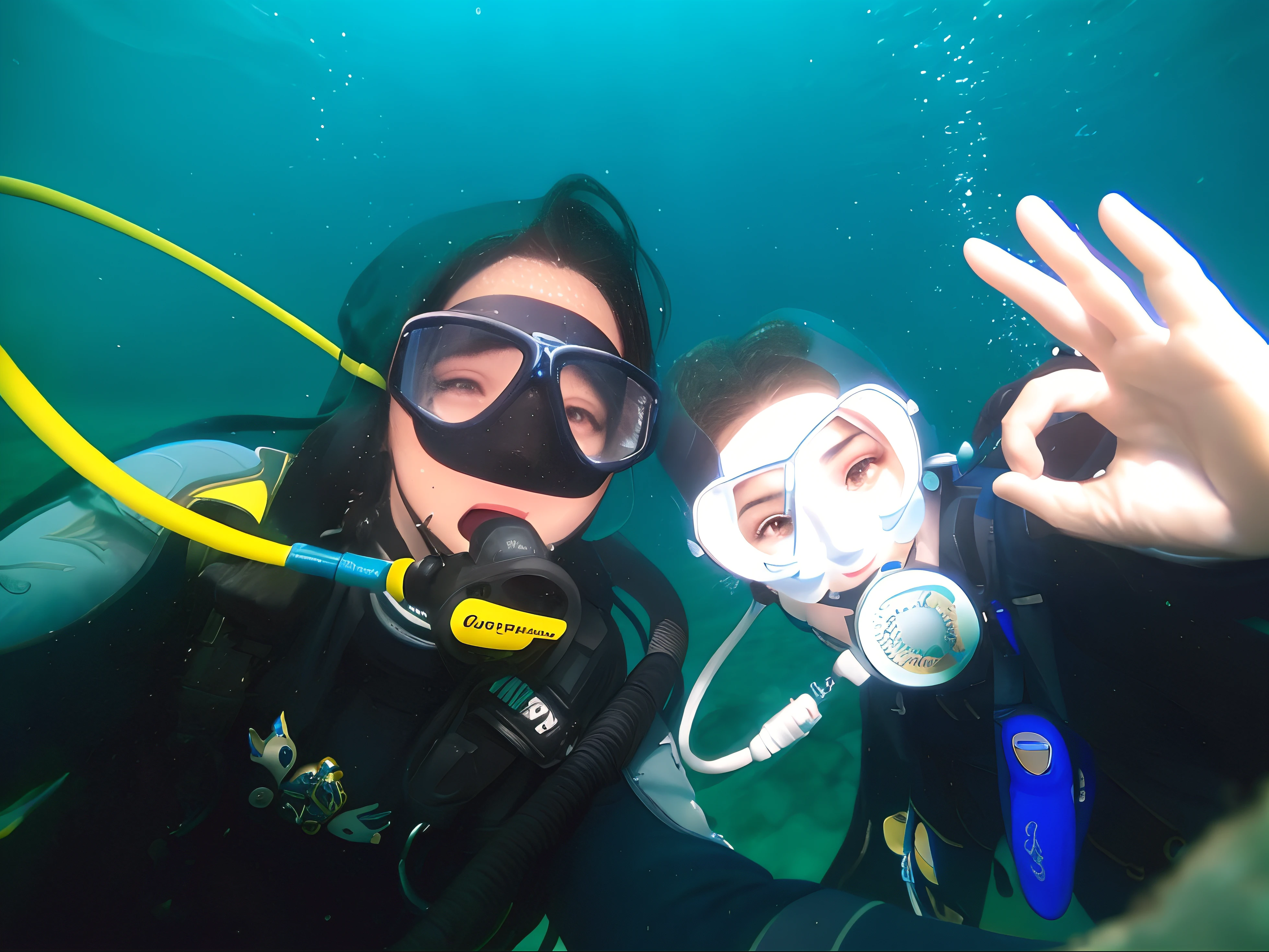 duas mergulhadoras felizes, corais, oceano azul, viagem de mergulho