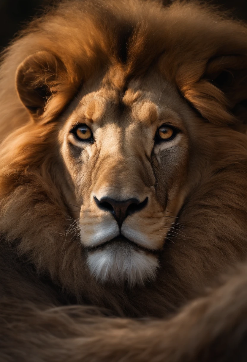 Front portrait of a lamb being wrapped by a protecting lion