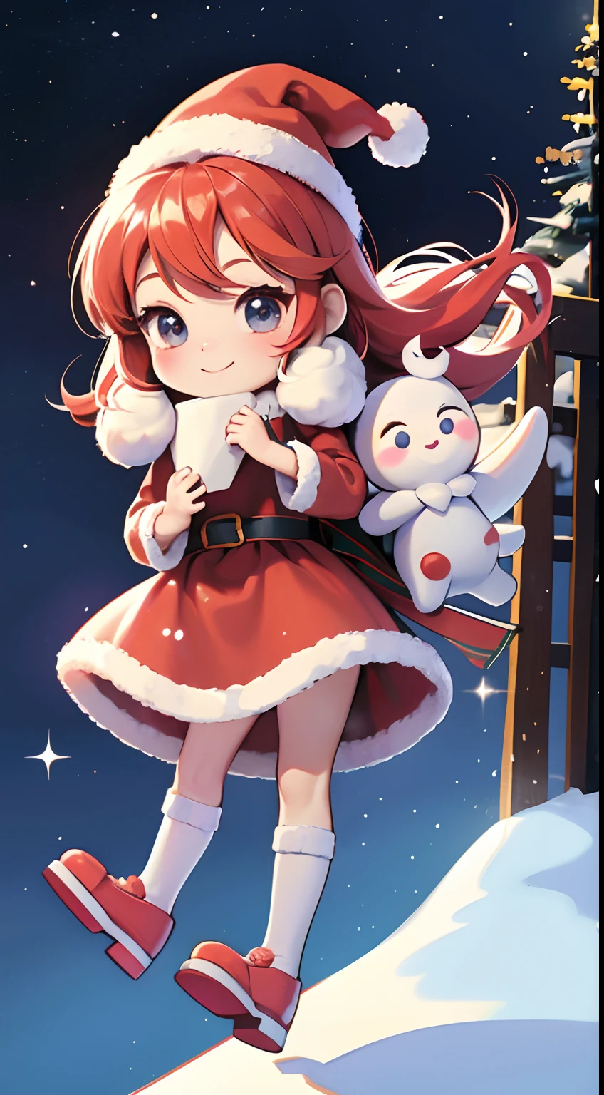 Santa Claus happily carrying presents、Santa is a pretty girl、Chibi Doll、Stars in the eyes(kirakira)、Eye Up、Laugh、Cute red shoes, Ultra Detail, radiant light、bio luminescent、snowscape、It's snowing、Snowboard Riding、Drawing snowflakes in the foreground、Stronger bokeh effect