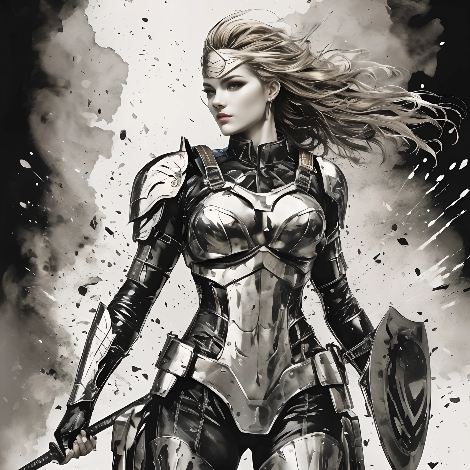 Solo、(Super beautiful)、(beautiful face:1.5)、clear pubic contours,pubic hair, ????? 、high-heels、Wearing makeup、long wavy blonde hair、silver armor with gold trim,