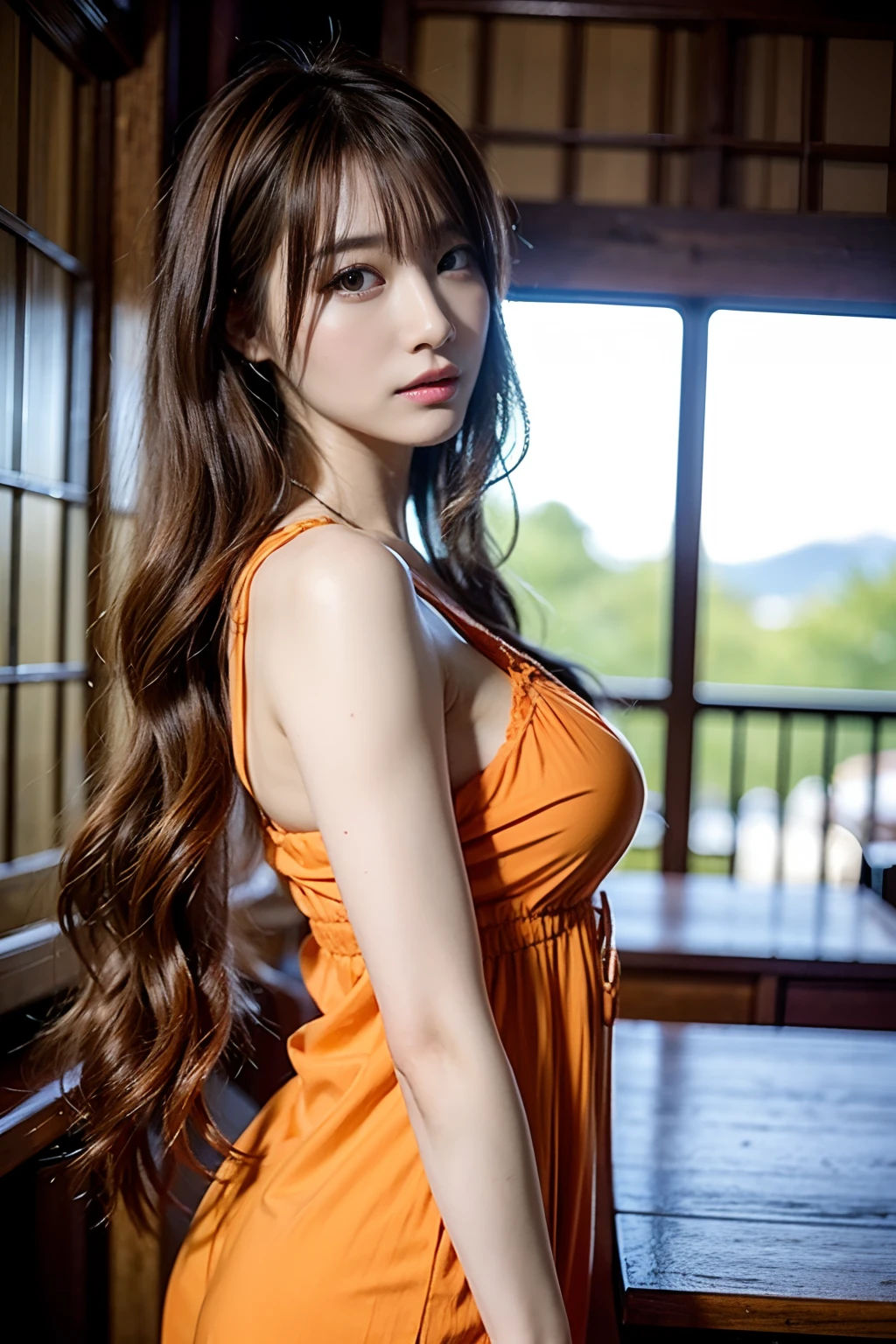 masutepiece, Best Quality, Illustration, Ultra-detailed, finely detail, hight resolution, 8K Wallpaper, Perfect dynamic composition, Beautiful detailed eyes, Natural Lip, yellow knitted dress , Big breasts, cleavage , Random (very sexual poses) , show me your sexy butt