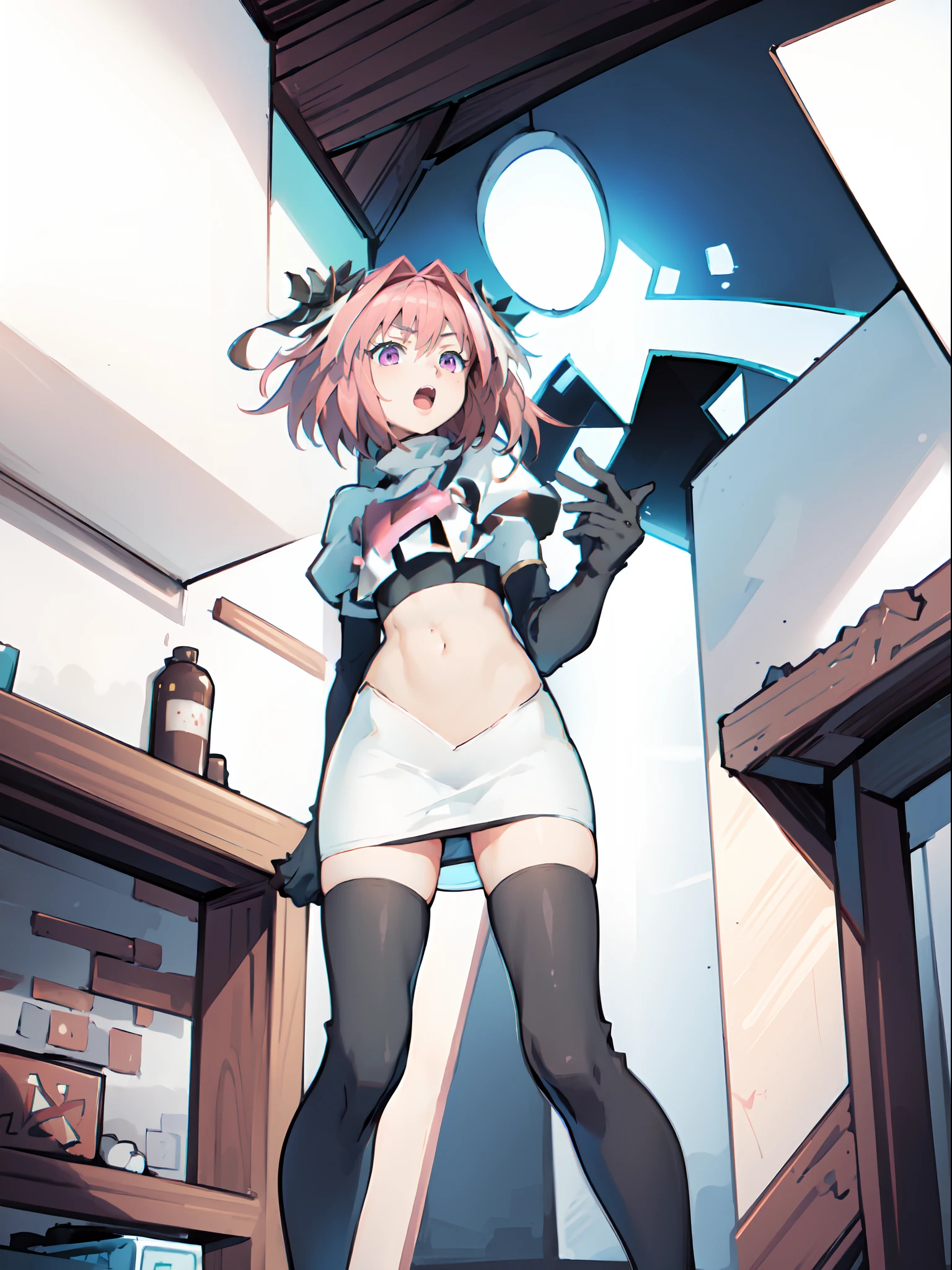absurdres, masterpiece, best quality, (astolfo fate:1.2155), 1boy, male focus, trap, pink multicolored hair, pink hair, white hair, hair intakes, long hair, pink detailed eyes, crossdressing,1boy,team rocket,team rocket uniform,white skirt,crop top,black thigh-highs,black elbow gloves,