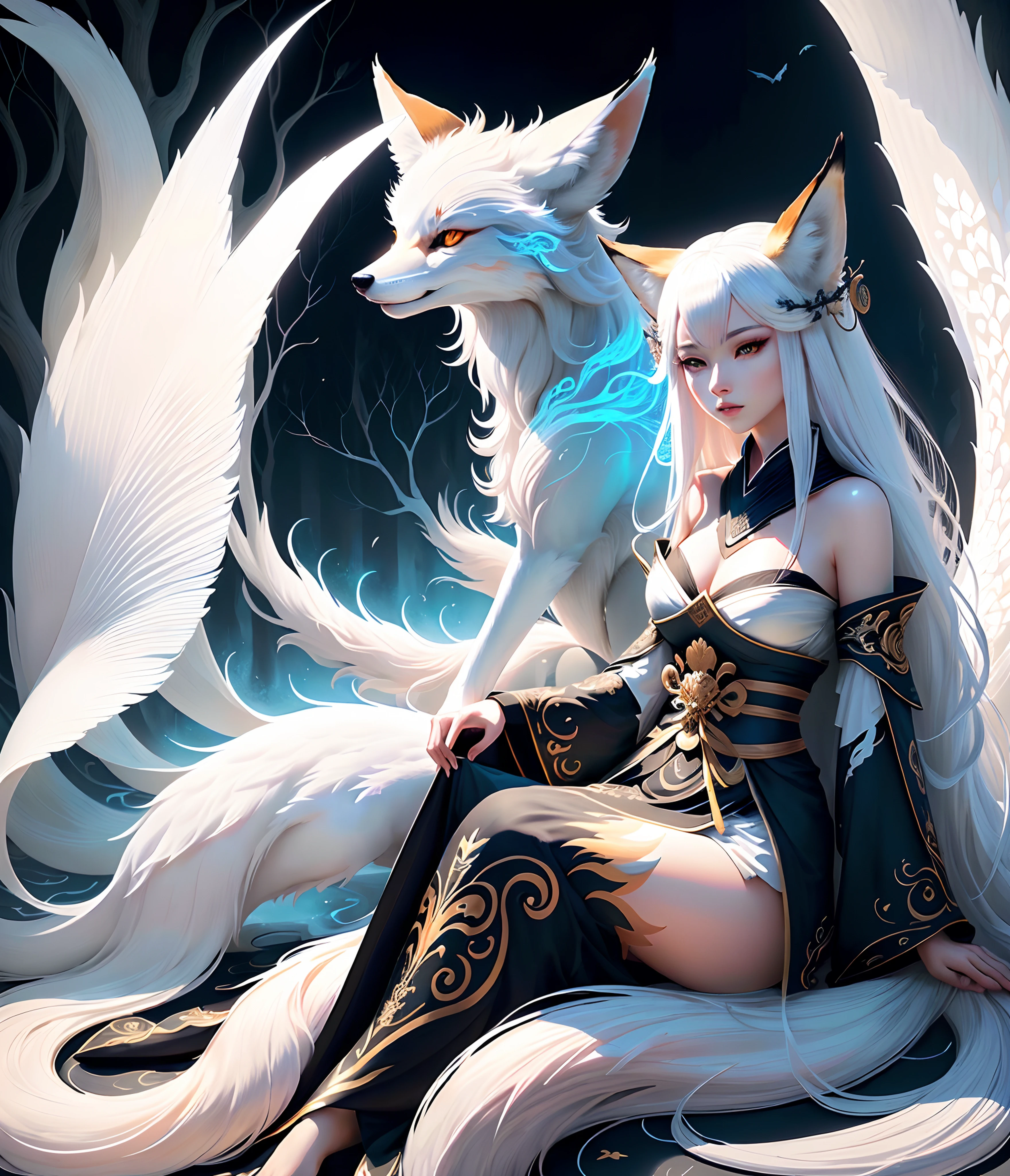 Generate a beautiful and majestic kitsune with three tails. The kitsune should be the most beautiful and majestic ever created. Include lots of fantasy details and phantasmal iridescence enhancements. Emphasize majesty and fantasy ambiance.